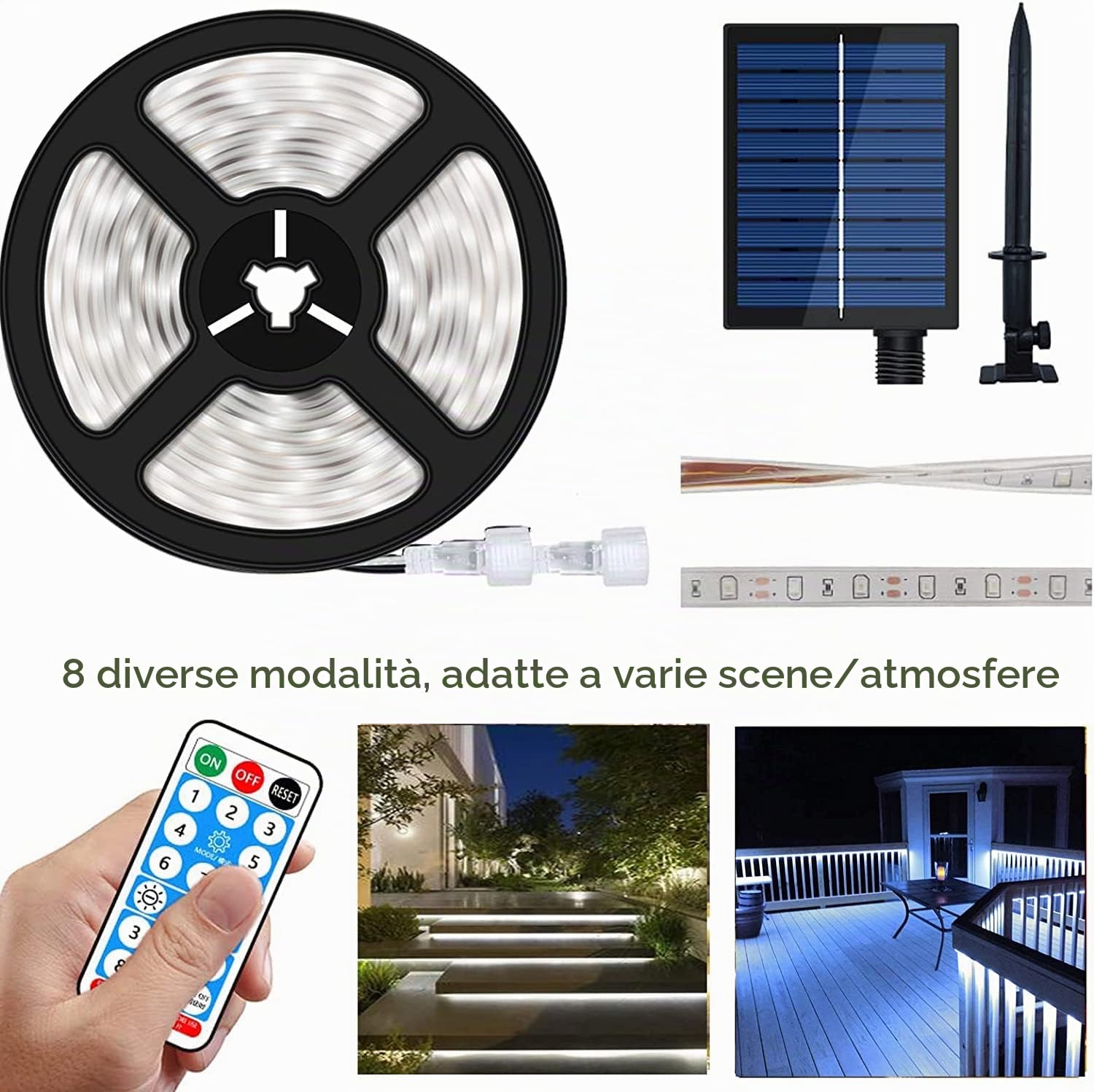 Striscia di luci a energia solare, 10 m, bianco freddo, 560 LED, per esterni, con telecomando, timer, copertura del tubo in PVC, striscia impermeabile per camera da letto, giardino, patio
