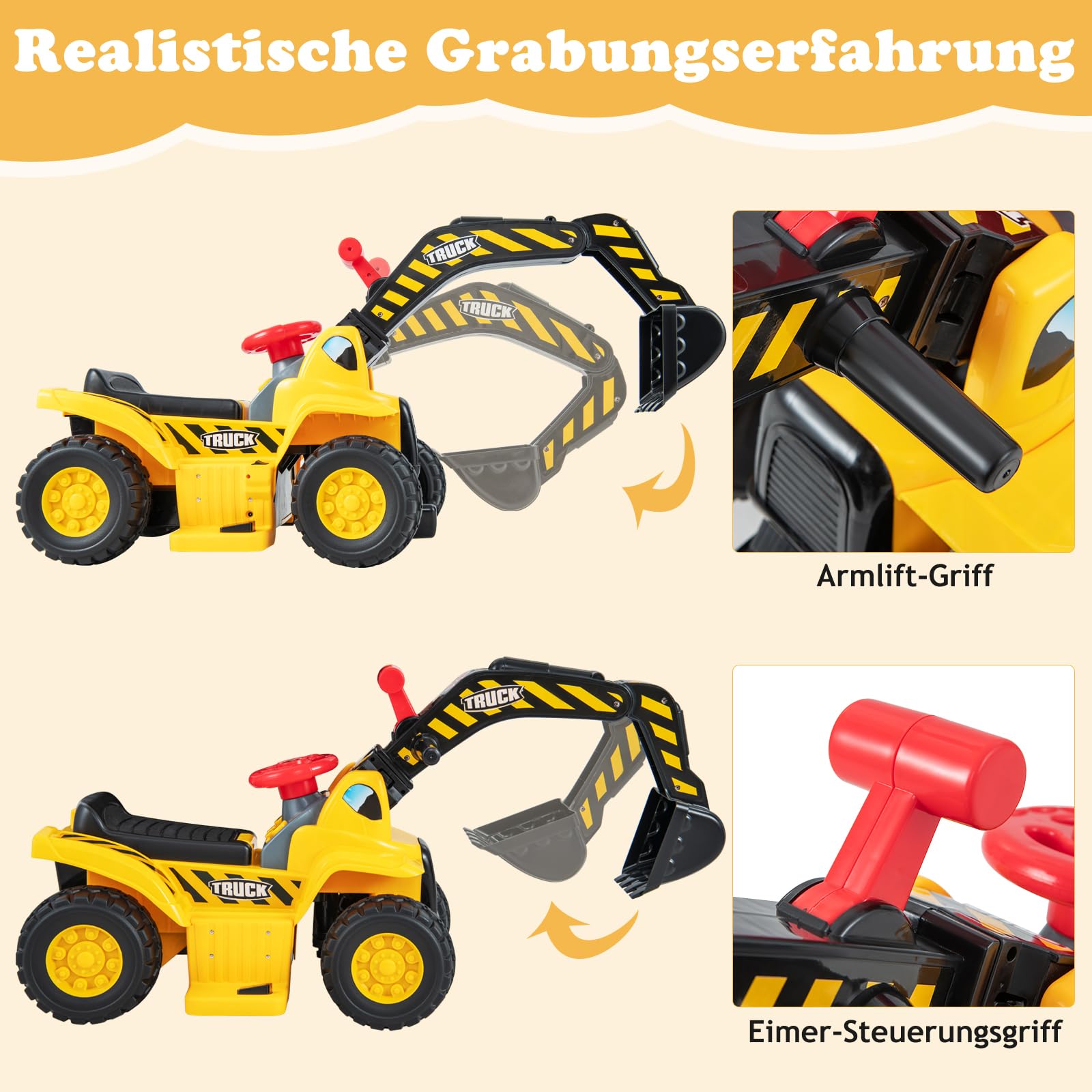 DREAMADE Bagger zum draufsitzen, Elektro Sitzbagger mit internem Stauraum, Kinderbagger mit Basketballkorb & Sound & Hupe & 3 Bällen, Sandbagger Aufsitzbagger für Kinder ab 2 Jahren