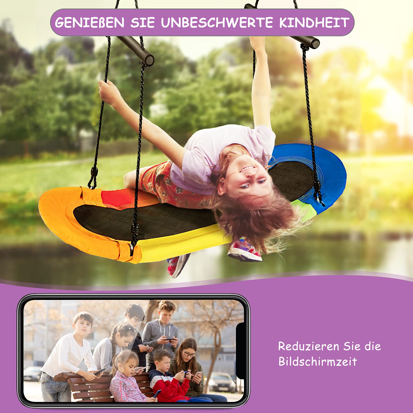 GOPLUS Höheverstellbare Schaukel bis 150 kg belastbar, Gartenschaukel für Erwachsene oder Kinder, extra breiter Sitz für Mehrkind, ahmen aus Stahl, Kinderschaukel für Innen und Außenbereich (Bunt)