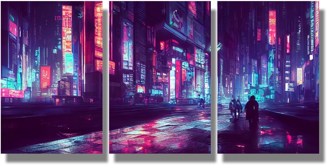 LSIUHWUWI 3 Panel Cyberpunk Style Wall Art Futuristic Scifi City Downtown at Night Full of Neon Lights Wall Art for Living Room Office Posters and Prints Framed Ready to Hang 36x16 inch