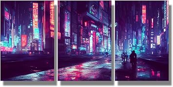 LSIUHWUWI 3 Panel Cyberpunk Style Wall Art Futuristic Scifi City Downtown at Night Full of Neon Lights Wall Art for Living Room Office Posters and Prints Framed Ready to Hang 36x16 inch