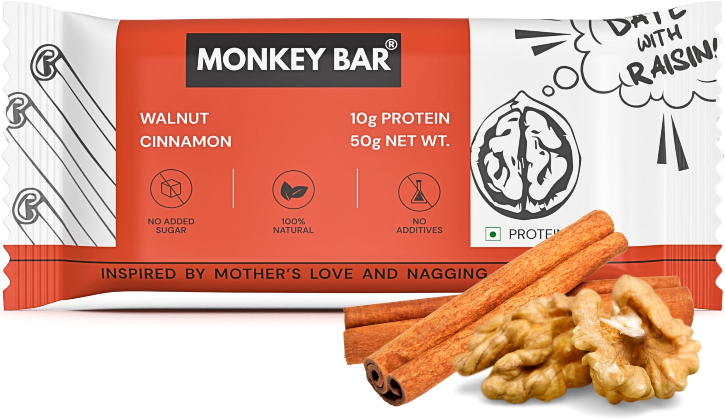 Walnut Cinnamon Protein Bar - 8 Bars, 50g each, 10g Protein, High Protein Snack for Healthy Snacking with No Added Sugar, Just 7 Natural Ingredients