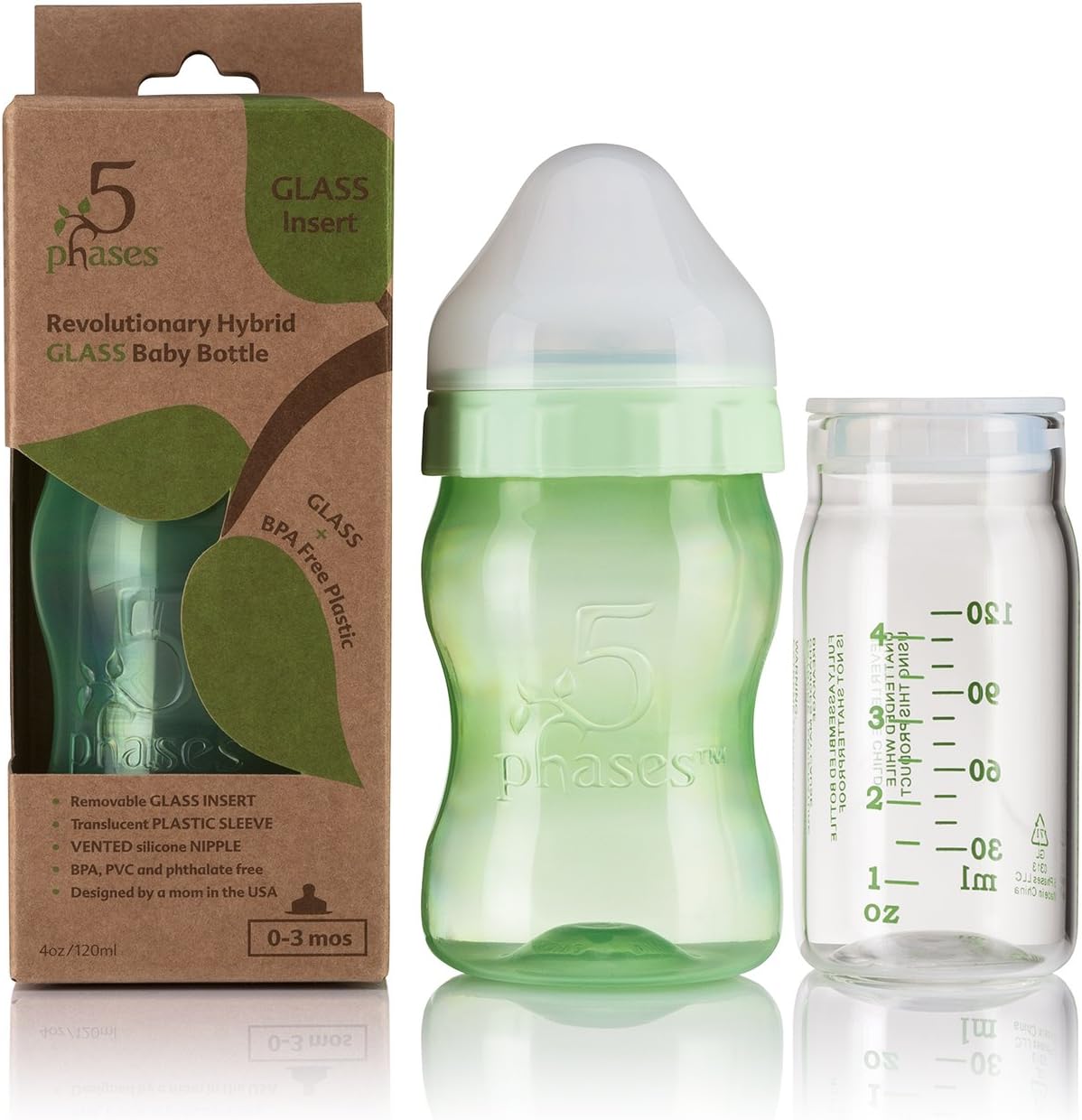 5 Phases Fully Assembled Hybrid Glass Baby Bottle, Green, 4 Ounce