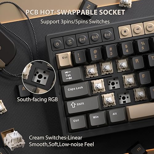 Miniatura 6 de RK ROYAL KLUDGE Teclado inalámbrico para juegos M65 con perilla de volumen, 60% teclado mecánico intercambiable en caliente 2.4GBTUSB-C, montaje en