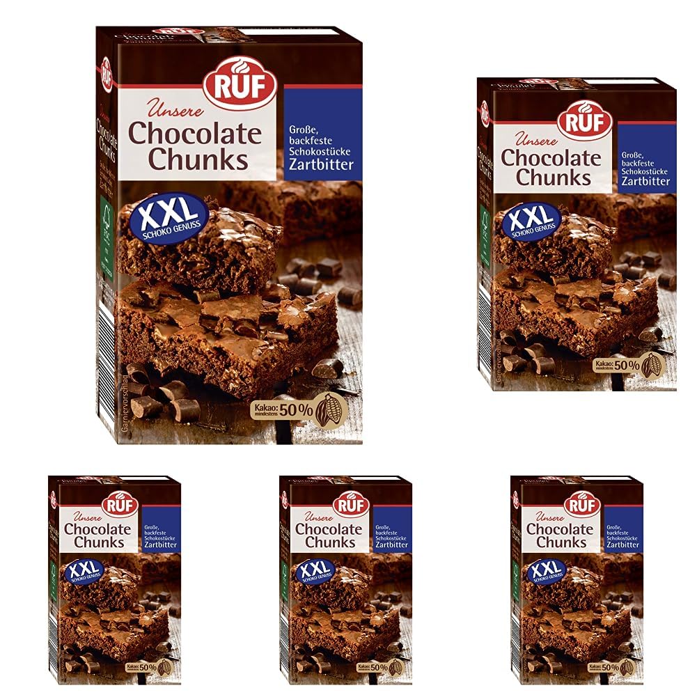 RUF Chocolate Chunks Zartbitter, backfeste, dunkle Schokoladen-Tropfen, XXL Schoko-Drops zum Backen, vegane Schokoladen-Stücke, glutenfrei, 1x100g (Packung mit 5)