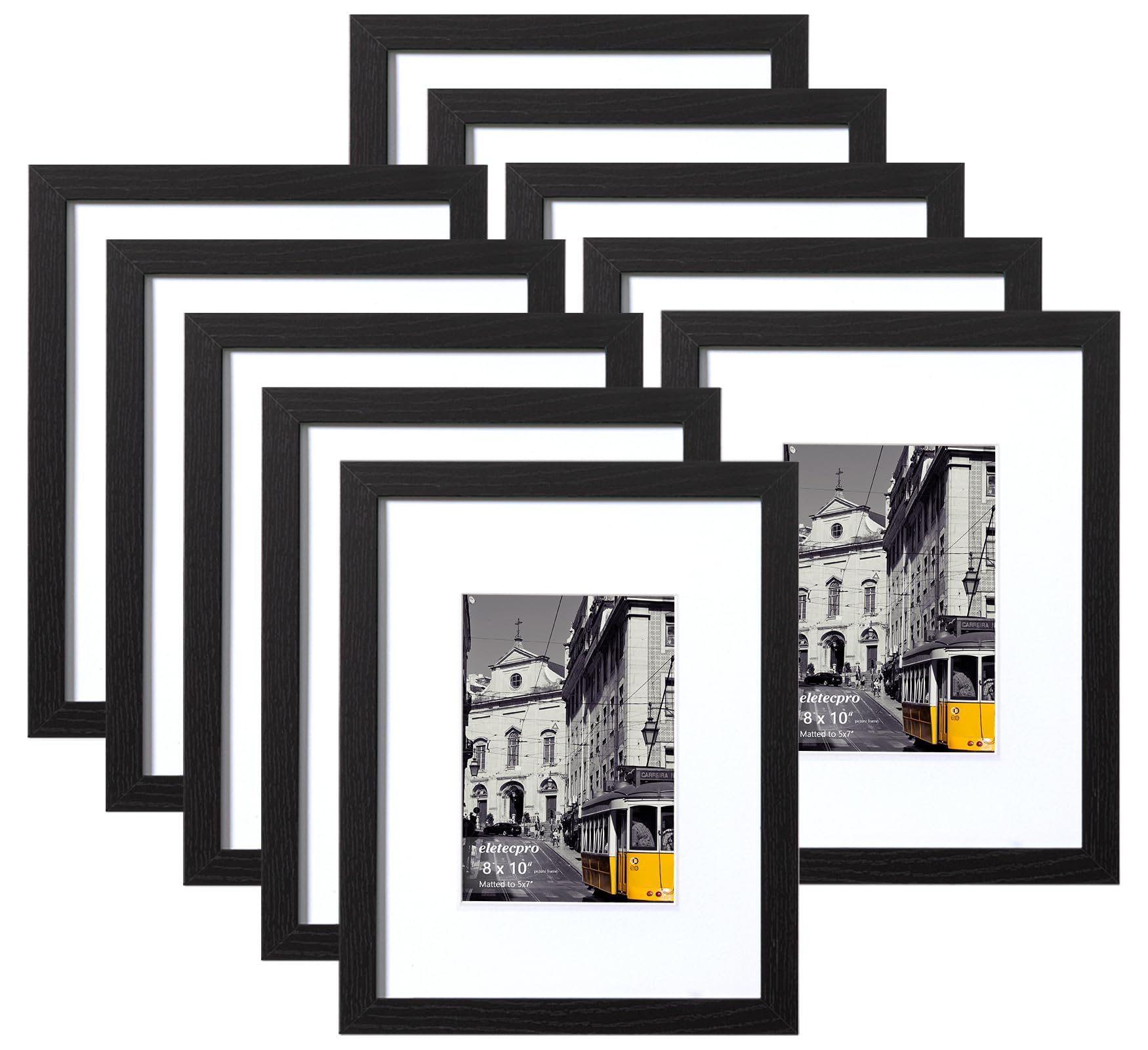 eletecpro 8x10 Picture Frames Set of 10, Picture Frame Collage Wall Decor Display 5x7 Photo With Mat or 8x10 without Mat, Home Decor Gallery Frame for Table Top or Wall Mounting, Black