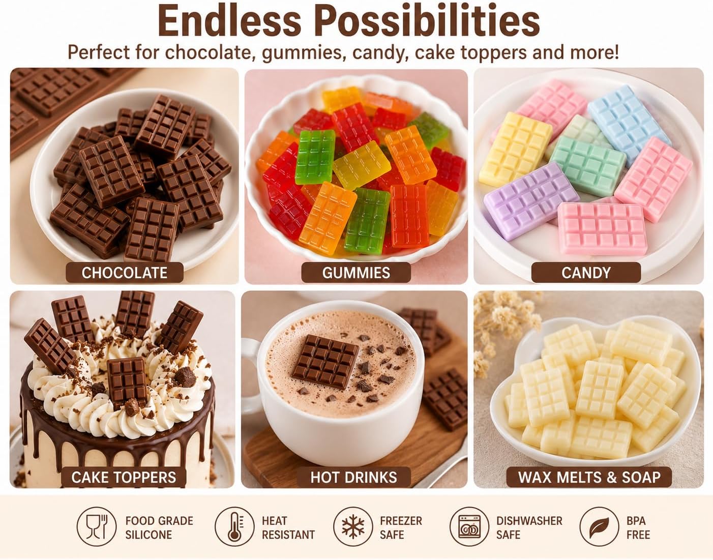 2 Pack Thin Mini Chocolate Break Apart Bar Silicone Molds, Mini Waffle Candy Molds for Chocolate, Gummies, Fondant, Cake Toppers, Party Treats & Gift Boxes image 5