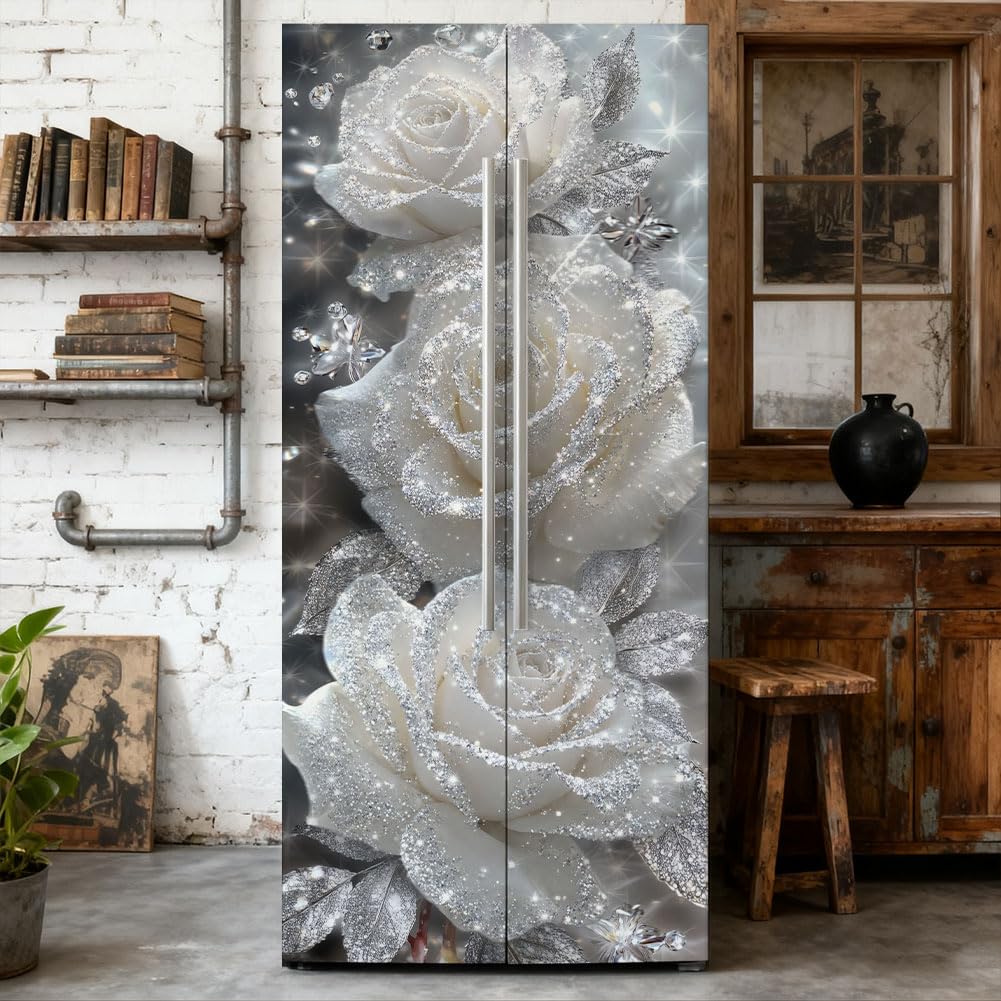 GOMAKERER 2 Pcs Glitter Rose Pattern Removable Refrigerator Wraps, Self-Adhesive Fridge Door Mural Vinyl Freezers Panel Cover Sticker for Kitchen Bar Decor, 41.5x200cm