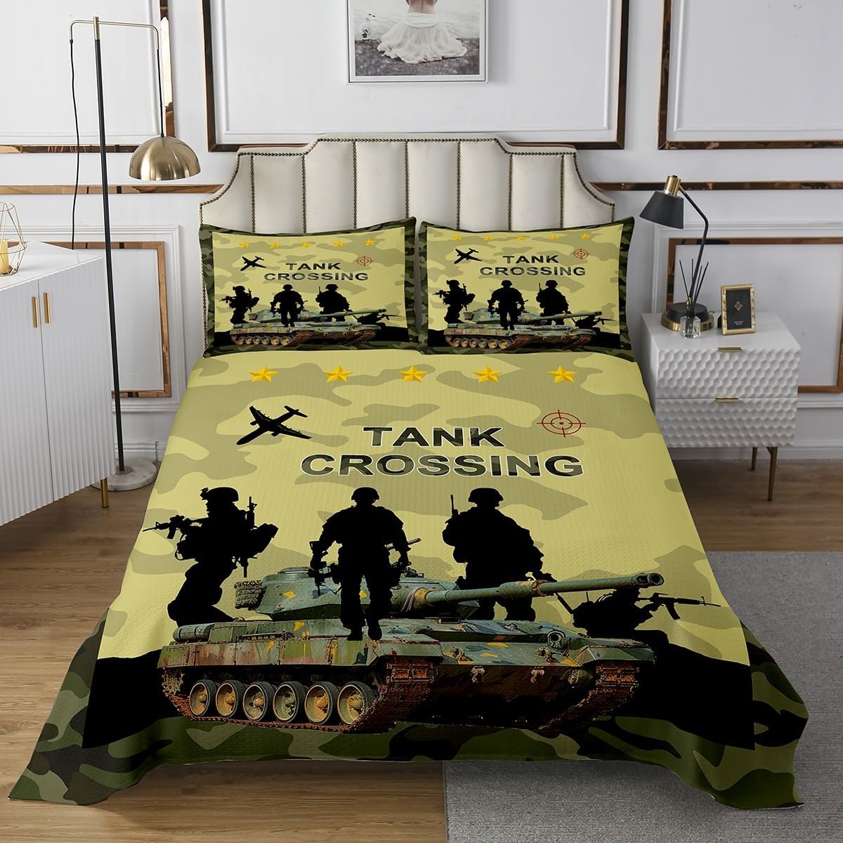 Homewish Camo Tank Bedspread Twin Size,American Soldiers Silhouette Bedding Set 2Pcs,Army Green Camouflage Comforter Set for Kids Boys Teens Men Room Decor,Fashion Modern Quilt Set,1 Pillowcase