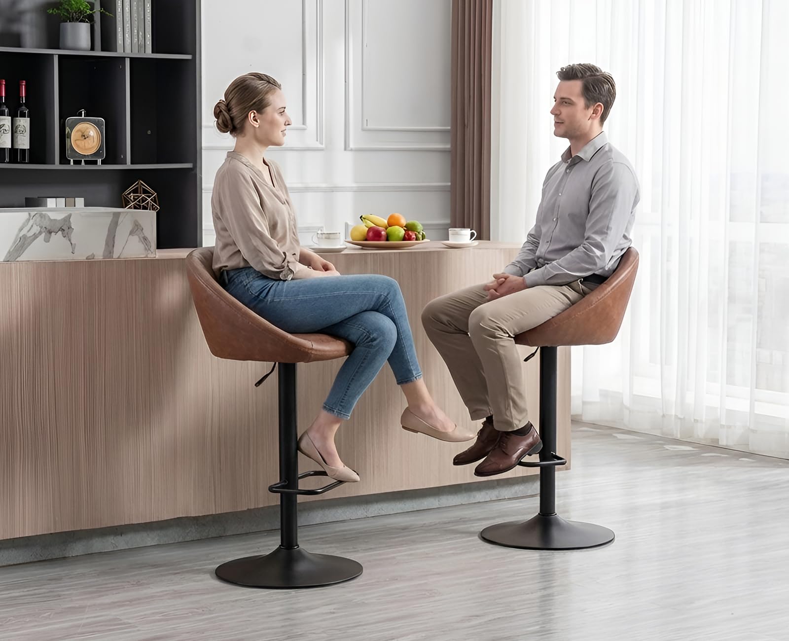 Chairus set van 2 barkrukken, barstoel in hoogte verstelbaar van PU-leer, moderne keukenstoelen, draaibaar, barkruk voor keuken/huisbar, bruin