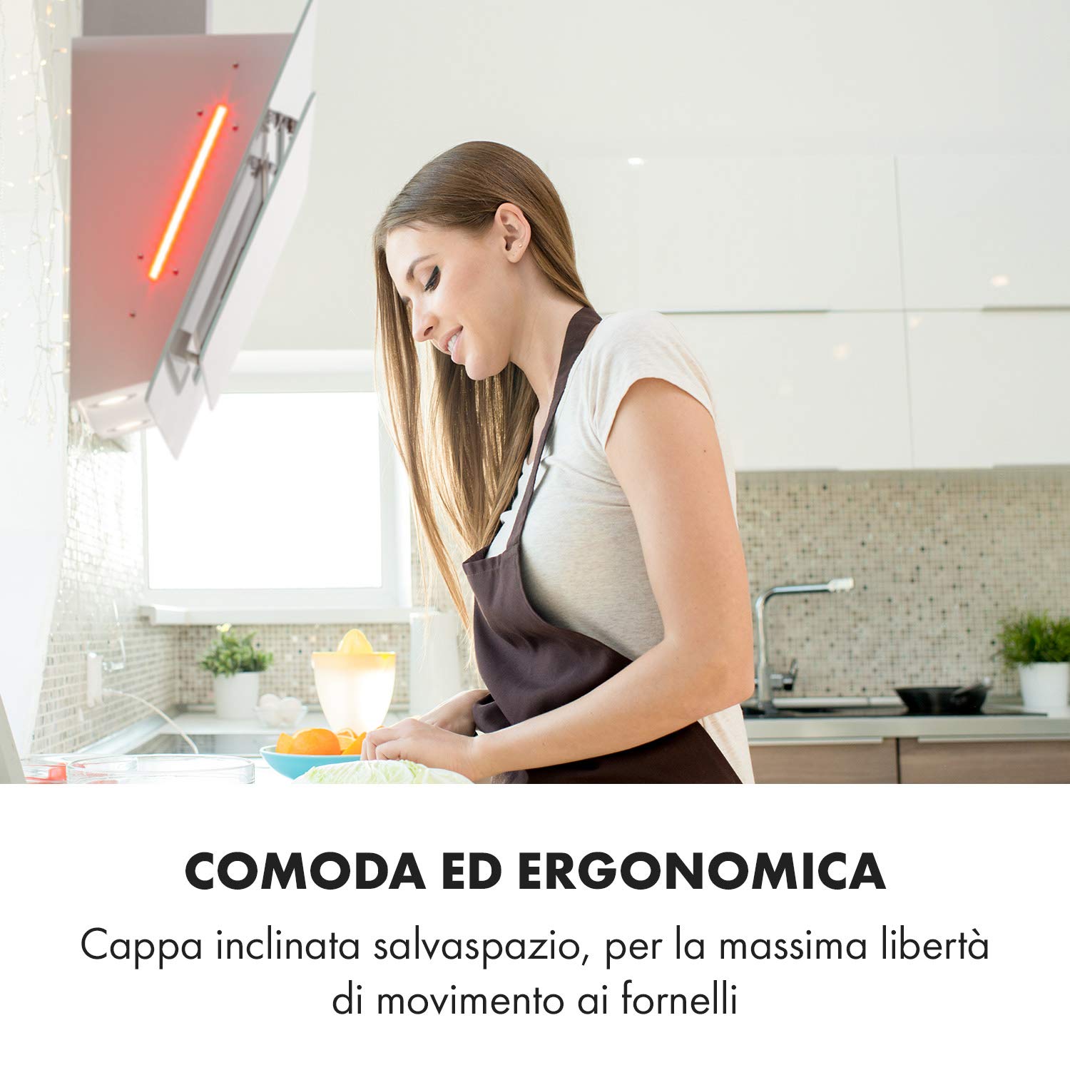 Klarstein Cappa Aspirante 90 cm, Cappa Cucina, Cappa Filtrante, Scarico: 595m³/h, Illuminazione LED, Pannello Touch, Filtro Carboni Attivi, Luci RGB, Con Ricircolo Aria, Classe Energetica A, Bianco