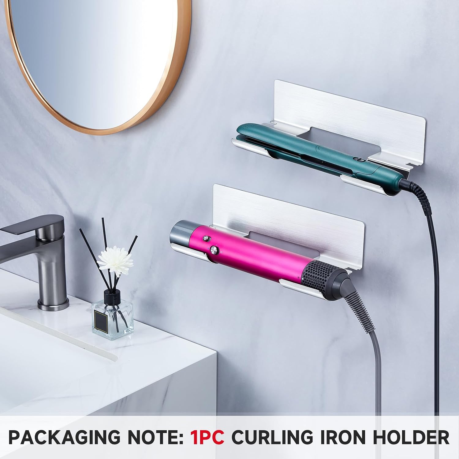 1PC Hair Straightener Holder Wall Mount Curling Iron Holder, Hair Dryer Holders for Wands & Styler Attachments, Flat Iron Holders Adhesive Hair Tool Organizer Vanity Bath Hair Tool Holder, Silver