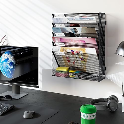 Miniatura 6 de PAG Soporte para archivos de pared colgante, clasificador de correo de 3 niveles para pared, organizador de pared de oficina de malla para
