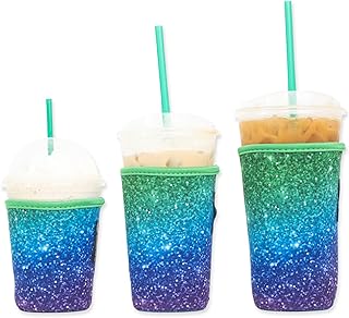 Baxendale Iced Coffee Sleeves for Cold Drink Cups - 3 Pack Reusable Neoprene Iced Coffee Cup Sleeve for Cold Drinks, Compatible with Starbucks Dunkin and more (3 PK S/M/L, Green/Purple Glitter)