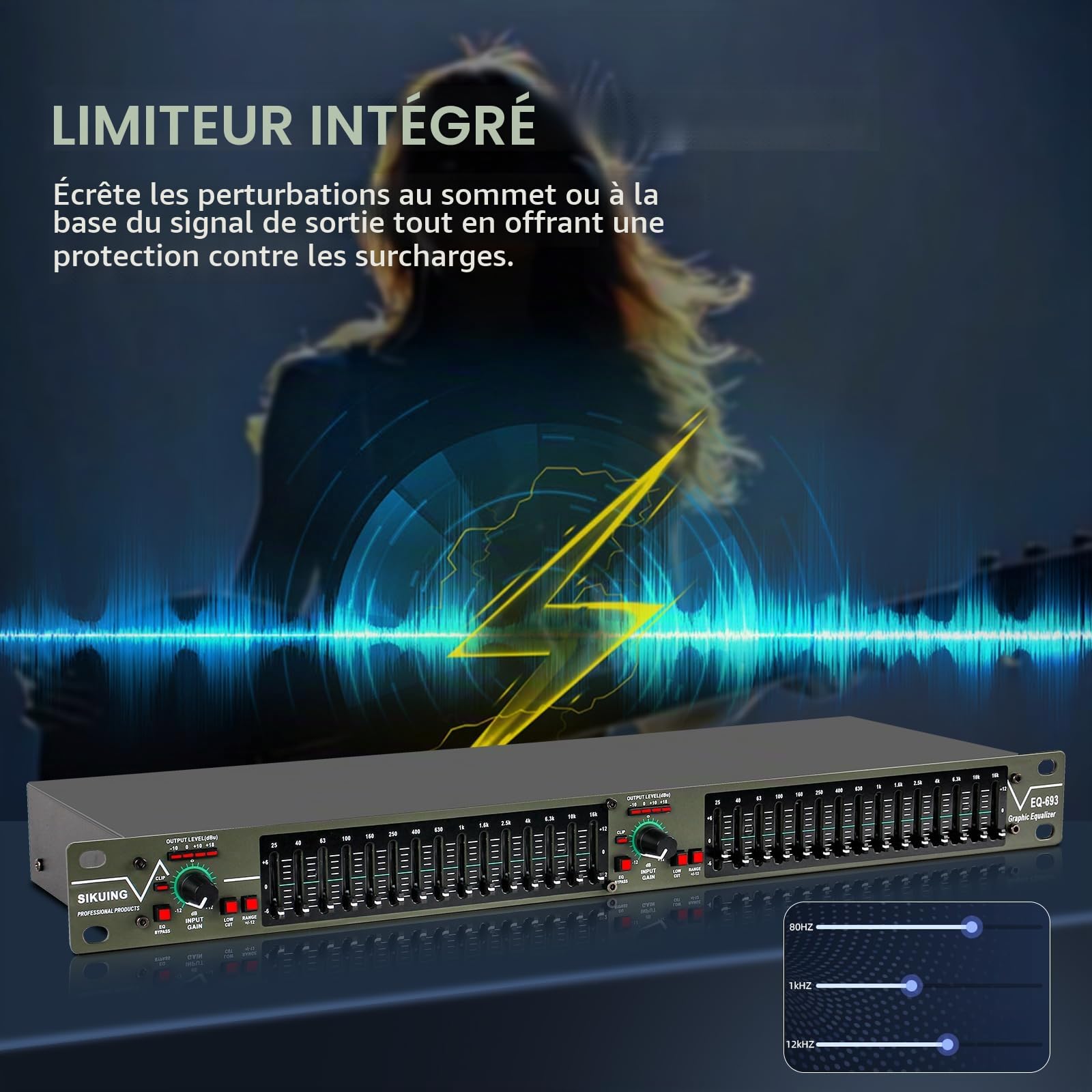 égaliseur graphique stéréo à 15 bandes, égaliseur 2 canaux professionnel pour DJ avec suppression du bruit pour home cinéma, fête, scène et studio (montable en rack) EQ-693