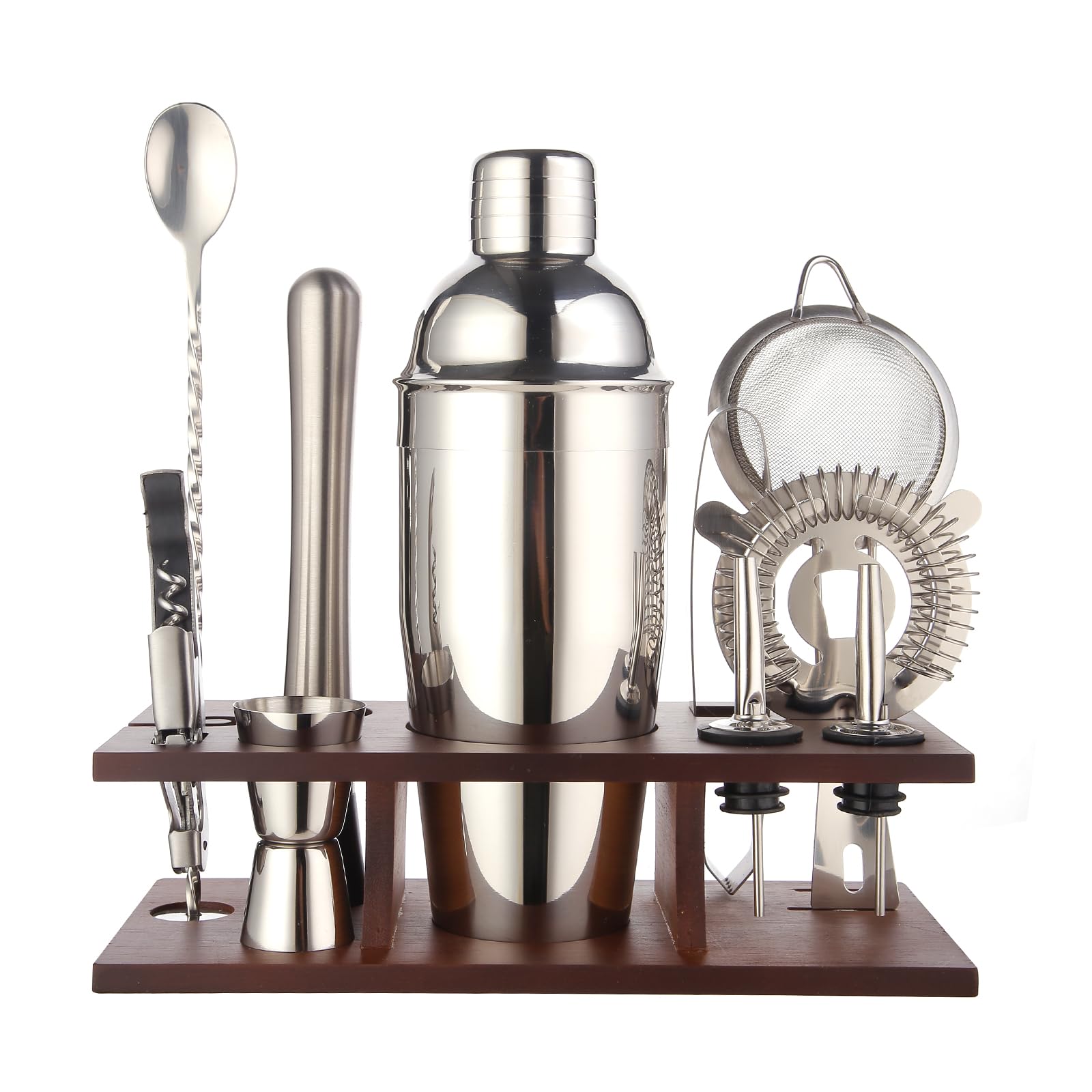Cocktail Shaker Set Bartender Kit with Stand | Bar Set Drink Mixer Set with All Essential Accessory Tools: Strainer, Mixer Spoon, Muddler, Liquor Pourers |Silver (18 OZ)