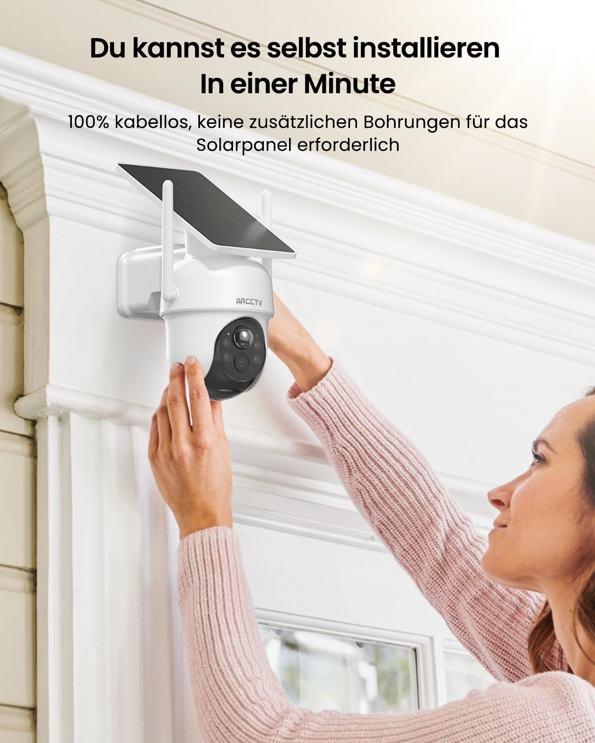 ARCCTV Überwachungskamera Aussen Set, Batteriebetriebene Kamera mit Solar | Ohne ABO, PIR Bewegungserkennung, 360° PTZ, 2-Wege-Audio, Wasserdicht, 4 Kameras mit Basisstation, mit Speicherkarte