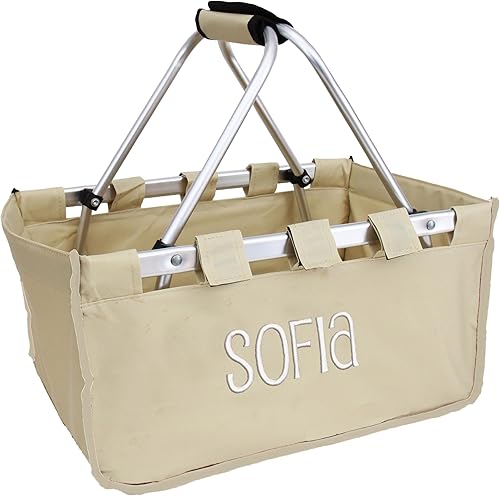 Threadart Cesta de mercado plegable grande bordada personalizada, color gris, marco de aluminio, tela de poliéster, práctico diseño plano plegable,