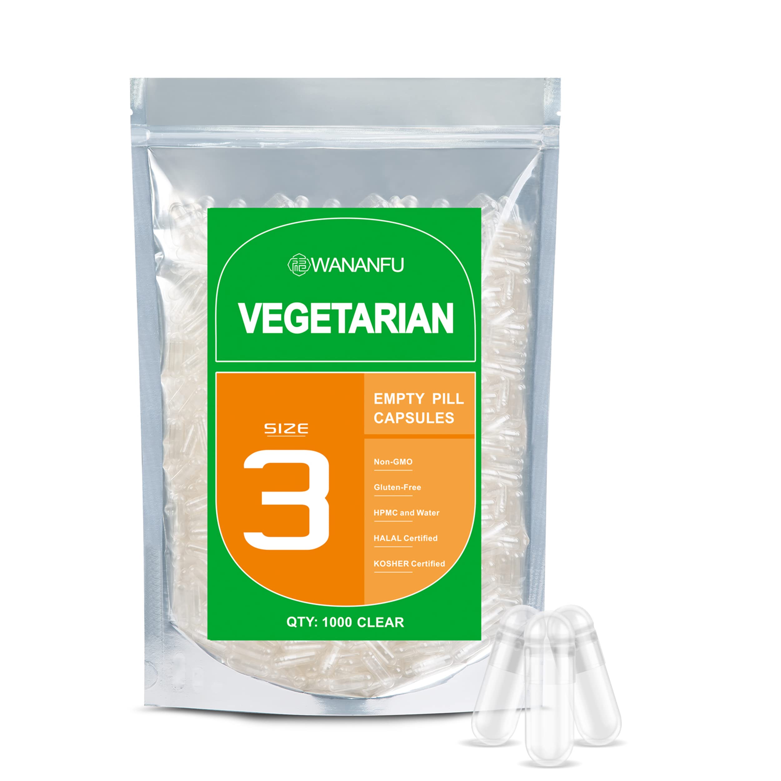 wananfuSize 3 Empty Capsules Vegetarian (1000 Count), Clear Fillable Veggie Pill Capsules Size 3 for Making Your Own Supplements