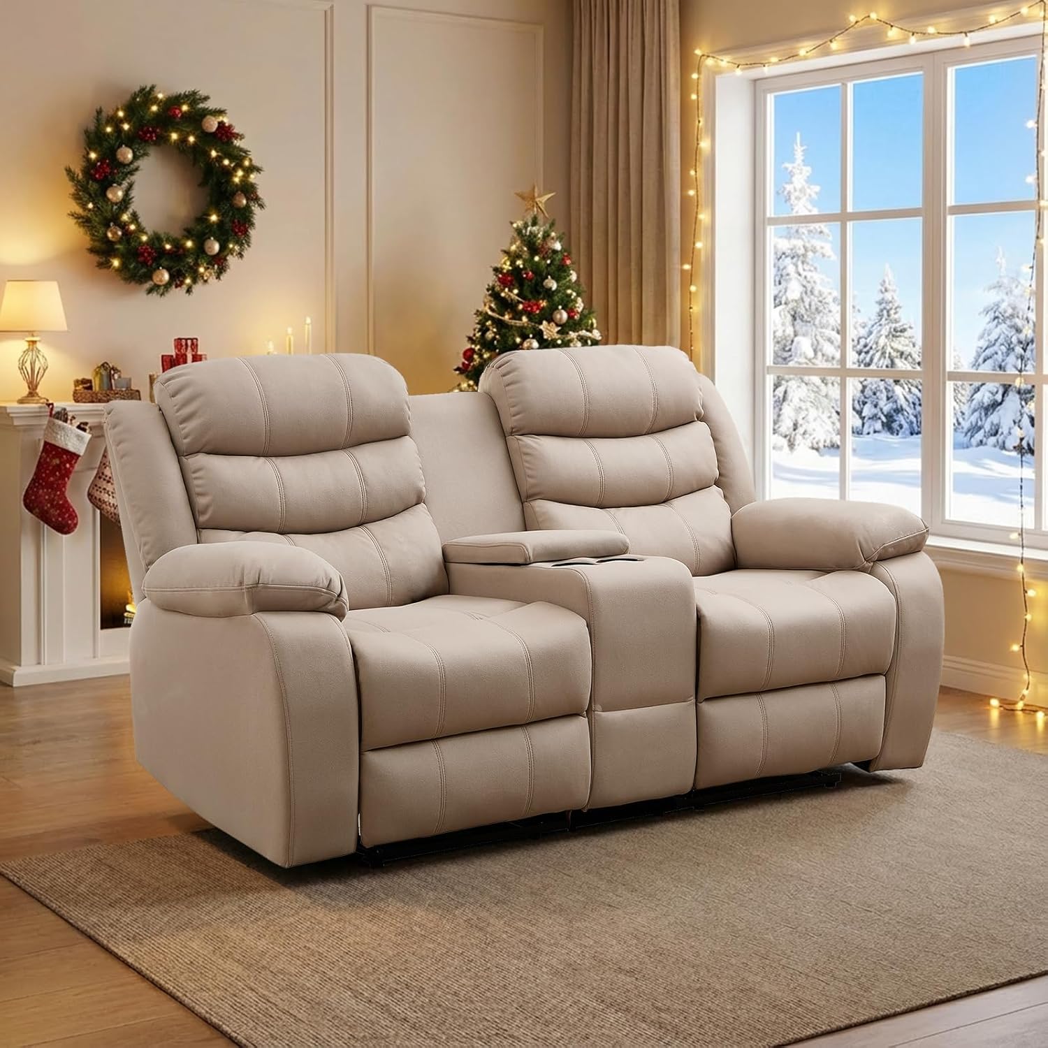 BALUS Faux Leather Loveseat Recliner Couch, Reclining Sofa with Built-in Storage & Cup Holders, 2 Seater Manual Couch with Console for Living Room/Office/Home Theater, Beige