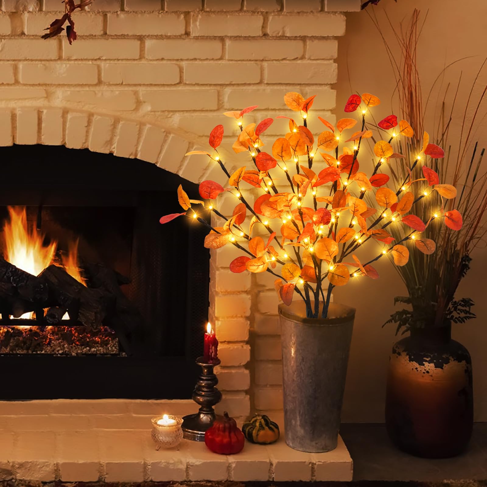 Phliofd 3Pcs Lighted Eucalyptus Leaves Branches, 30� Timer Fall Eucalyptus Stems with Lights,60 LEDs Battery Operated Fall Lighted Tree Branches for vases Home Wedding Table centerpieces Thanksgiving
