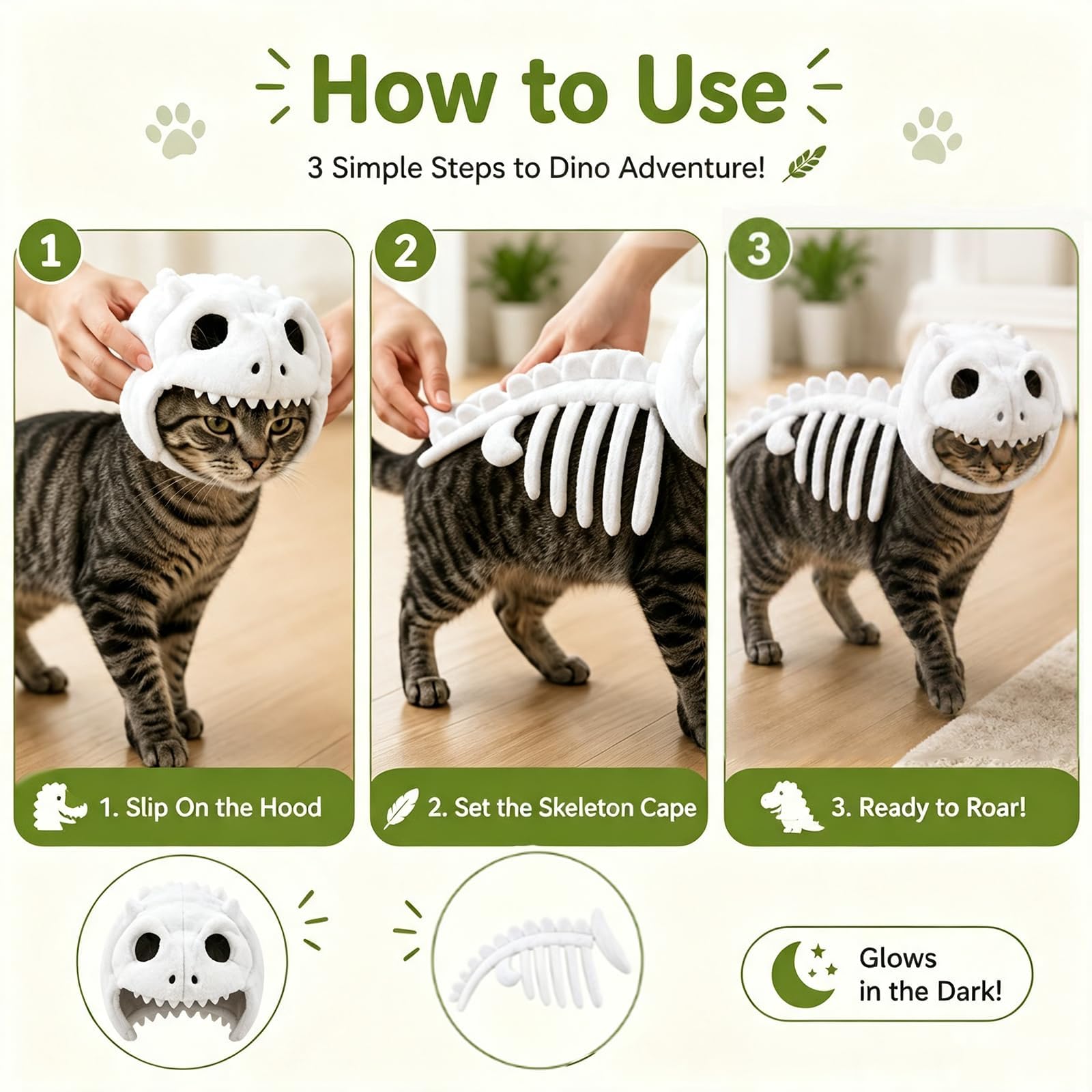 Kostium kota ze szkieletem dinozaura, świecący w ciemności, miękki pluszowy strój na Halloween, kostium dla zwierząt domowych, przebranie cosplay, motyw Halloween, zabawny wzór dinozaura