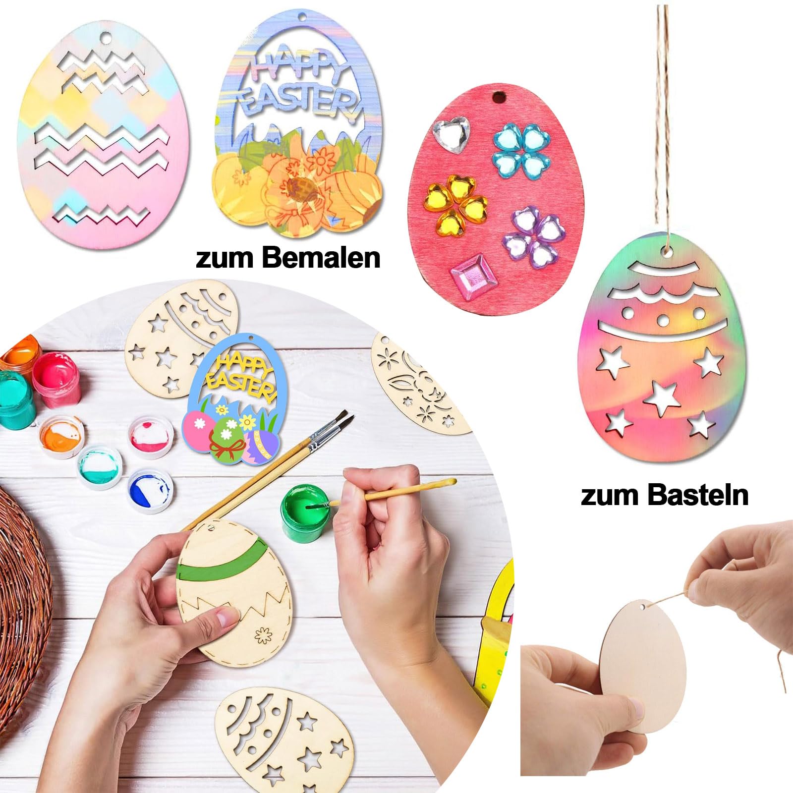 36 Stück Holzanhänger Ostern Bastelset – Eier, Hasen, Hühner, Blumen Zum Bemalen & Aufhängen