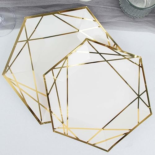 Efavormart - Paquete de 25 platos de papel hexagonales de postre blancodorado de 7 pulgadas, platos de aperitivos, platos desechables para fiestas