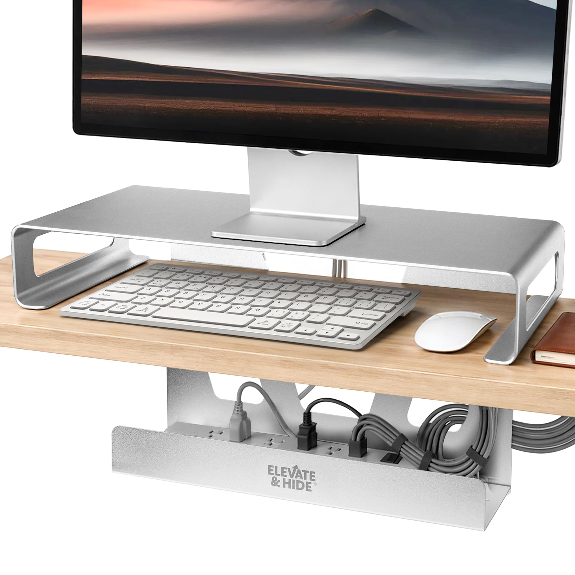 Elevate & Hide Soporte elevador de aluminio para escritorio, soporte plegable para computadora con almacenamiento de regleta de alimentación y gestión de cables, organizador de estante de escritorio