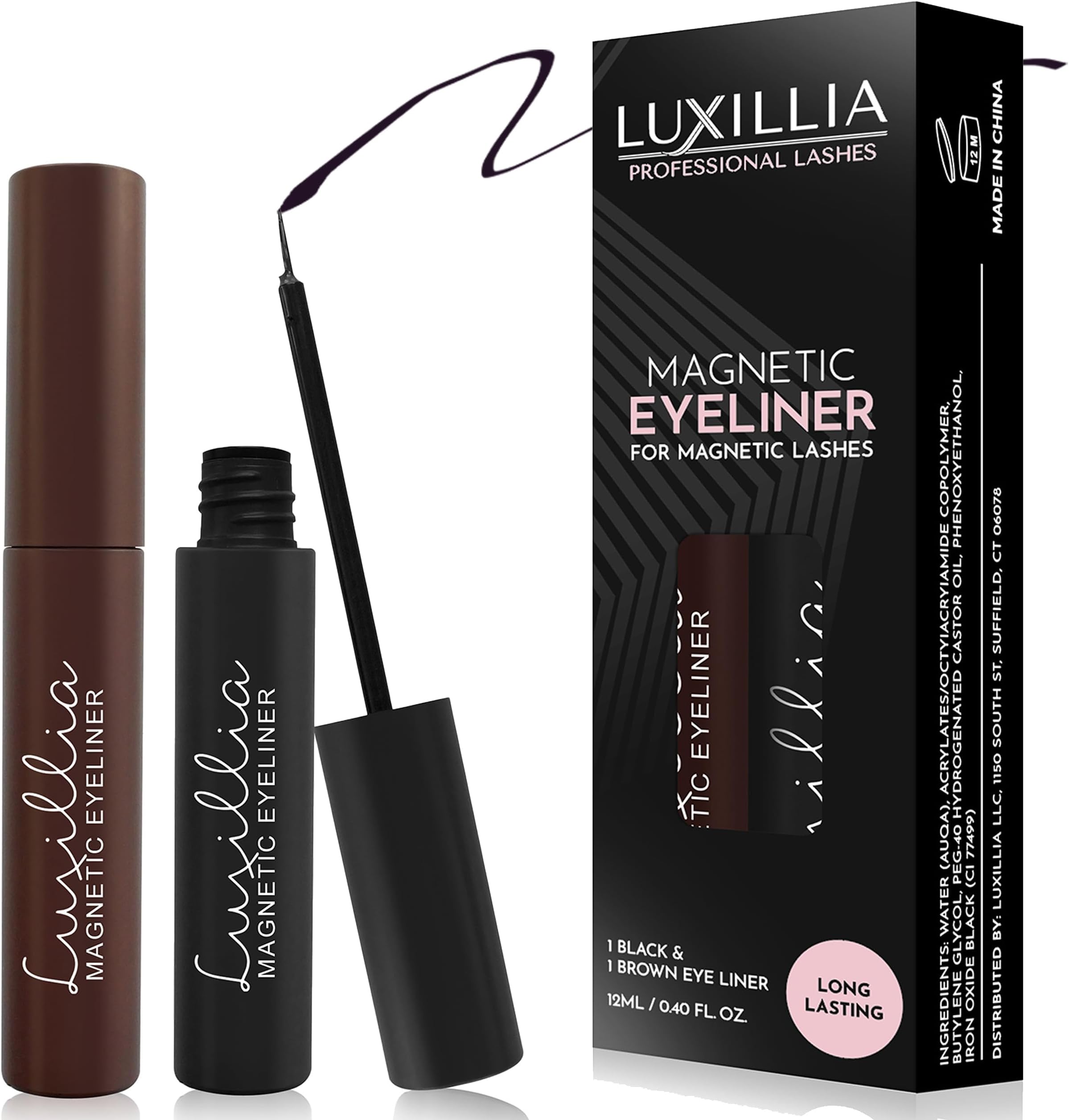 Luxillia Magnetic Eyeliner for Magnetic Eyelashes, Upgraded Strongest Hold, Most Natural Look, Waterproof, Smudge Proof Liquid Liner (Pack of 2) (BLACK & BROWN)