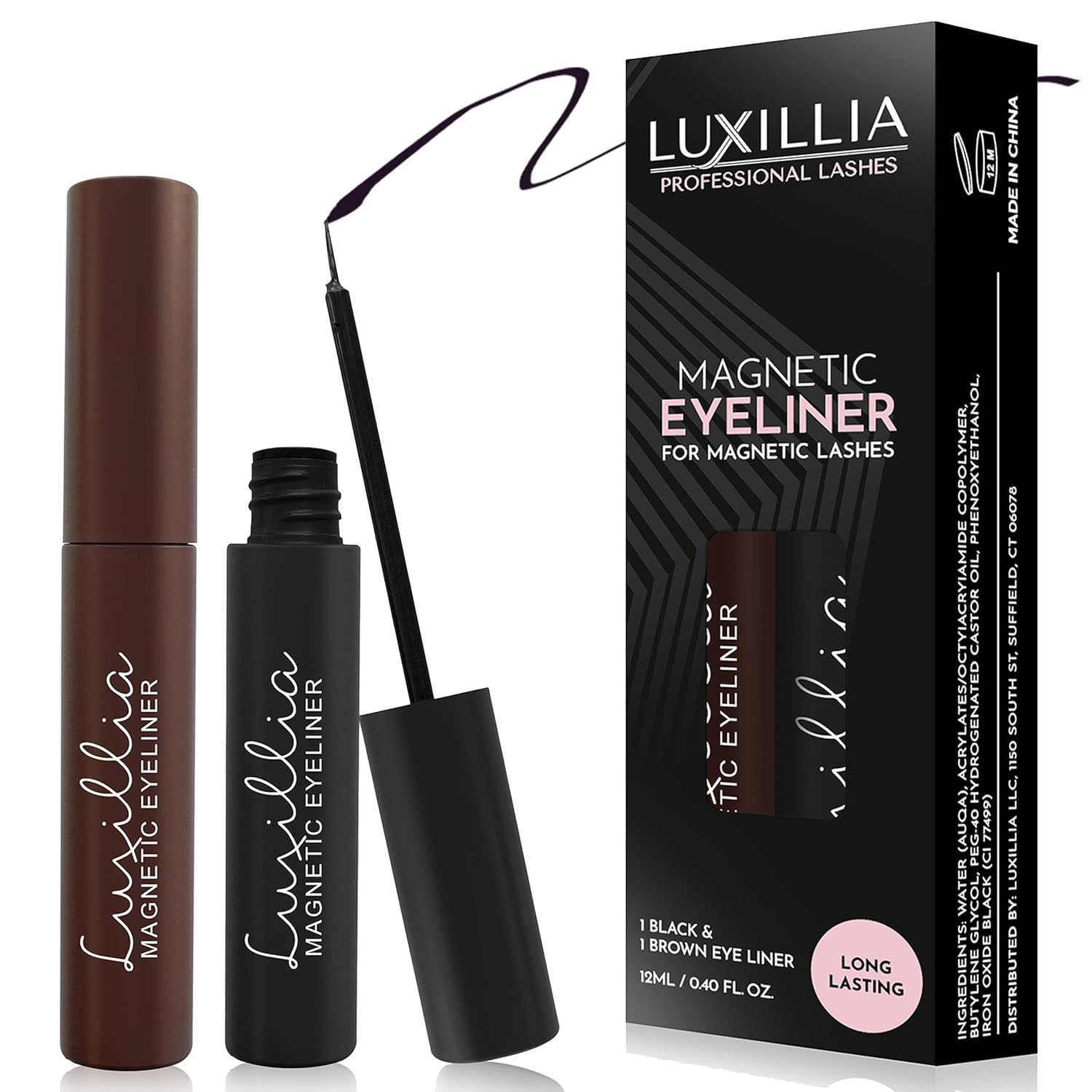 Luxillia Magnetic Eyeliner for Magnetic Eyelashes, Upgraded Strongest Hold, Most Natural Look, Waterproof, Smudge Proof Liquid Liner (Brown + Black)