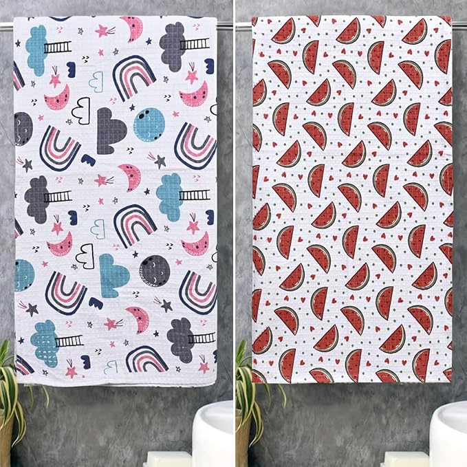 Mafatlal Coo Coo Cartoon Kids Bath Towel Set | 100% Cotton | 250 GSM | Soft, Quick Dry & Skin-Friendly | 147x76 cm | Lightweight Everyday Use | Pack of 2 | Pink N Red