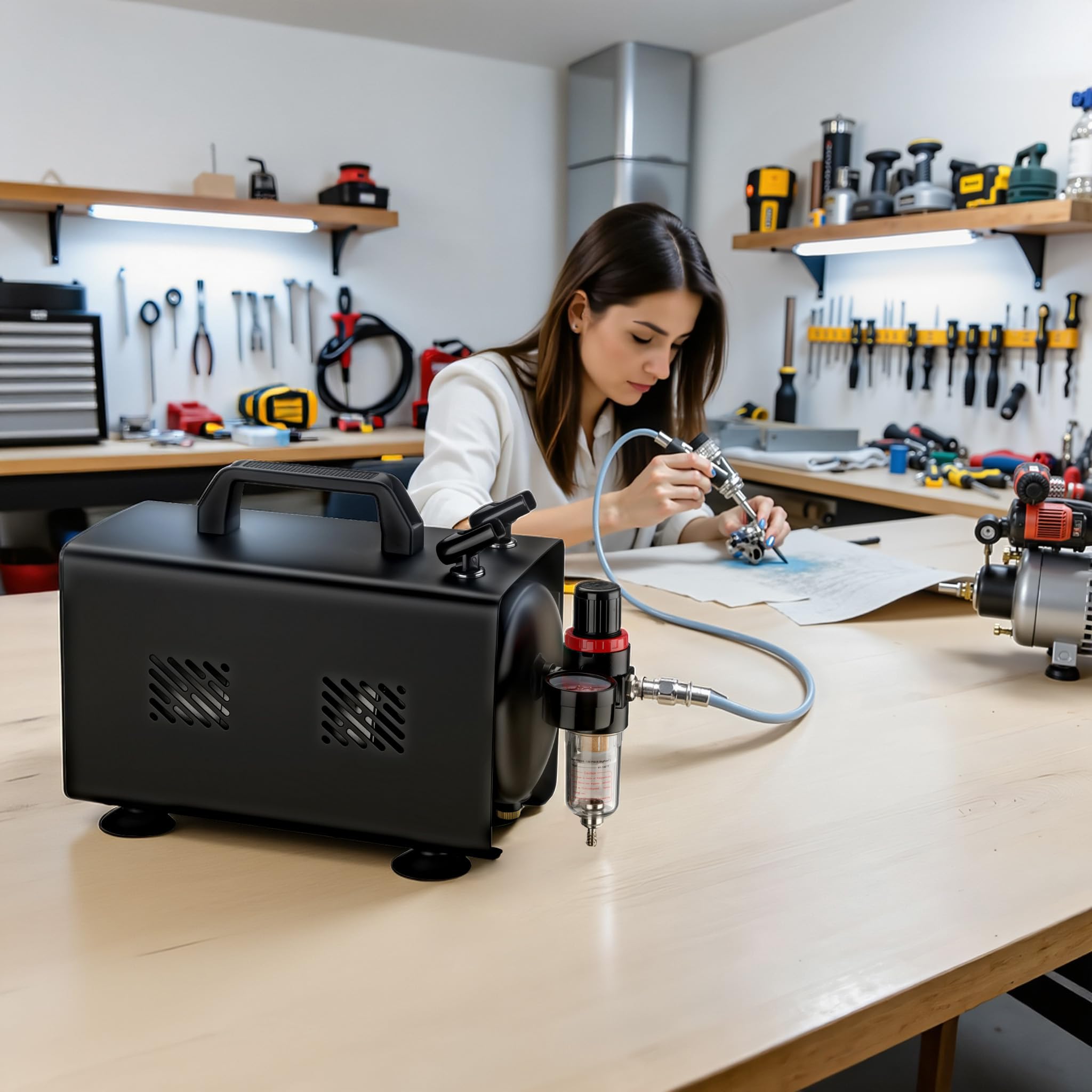 Wiltec Compresor para aerógrafo AS18TB 1/6 CV, compresor de aire comprimido con caudal de 20-23 l/min, para pistola aerográfica con 2 salidas y manómetro, diseño con pistola de aerografía