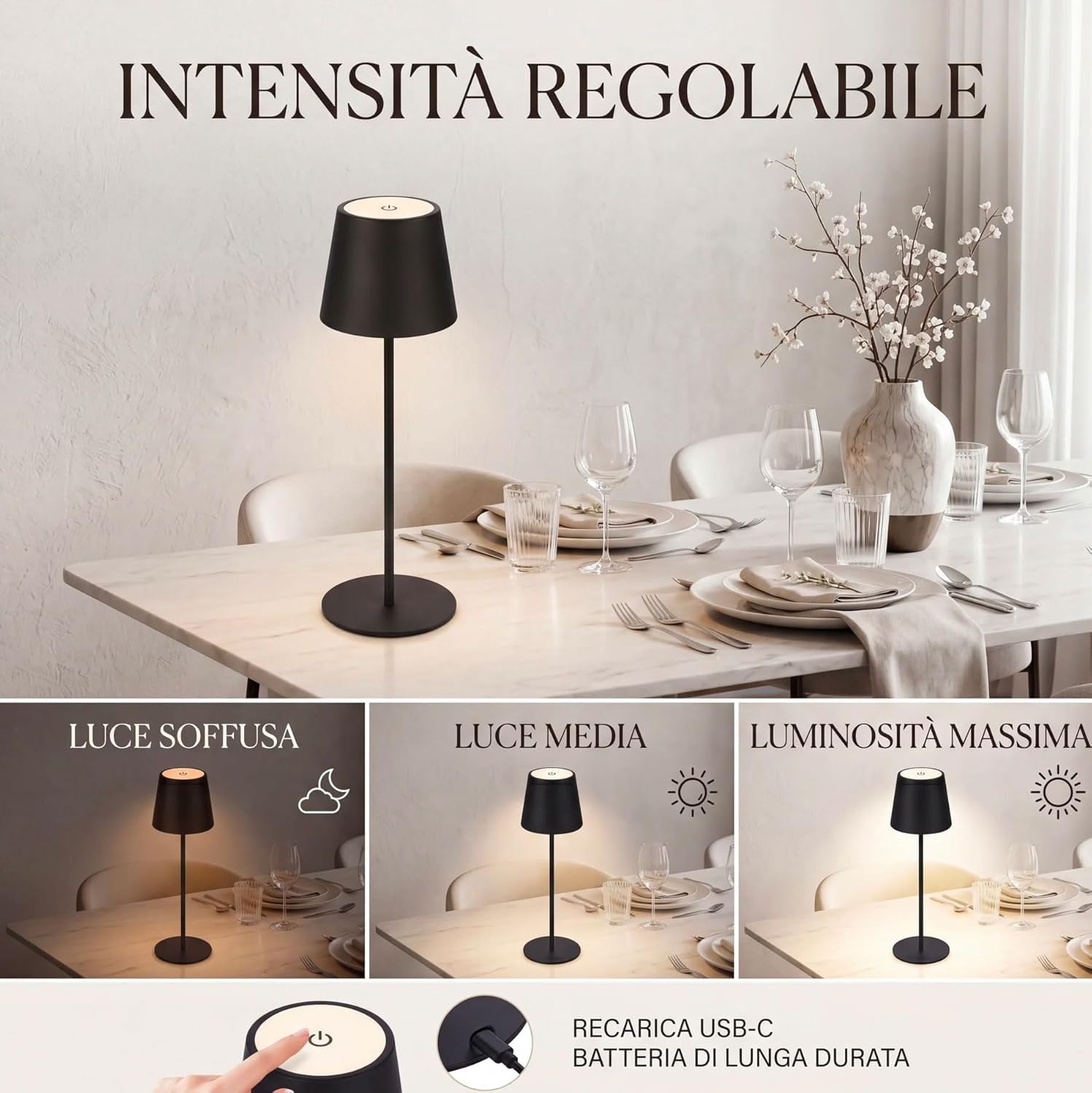 081 Store - 4 PEZZI LAMPADA DA TAVOLO SENZA FILI RICARICABILE, LAMPADA DA TAVOLO LED DIMMERABILE E CON 3 TONALITà DI LUCE, DIMMERABILE 3000-65000K ED IMPERMEABILE IP54 (6)