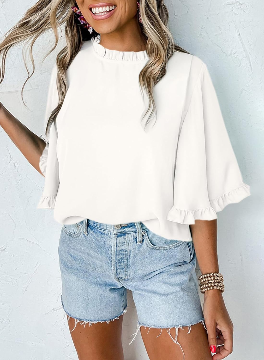 EVALESS Womens Half Sleeve Tops Cute Chiffon Blouses Summer Lightweight Ruffle Sleeeve Shirts Loose Fit Daily Wear 2026 - Image 2