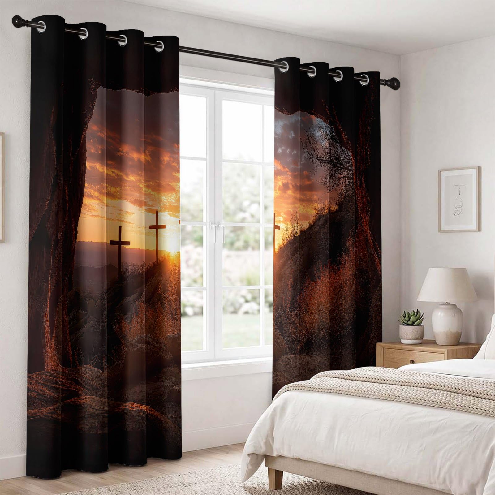 Landschaft Natur Verdunkelungsvorhänge Blickdicht mit Ösen, H 137 x B 117 cm (2er Pack) Blickdicht Gardinen Berge Sonnenuntergang Höhle, Thermovorhang für Wohnzimmer Schlafzimmer, Orange Braun
