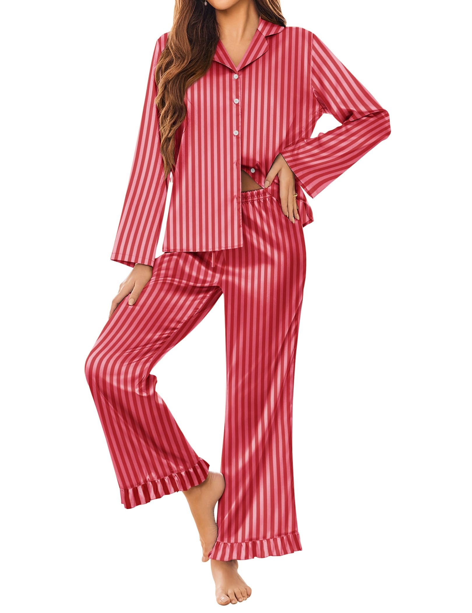 Ekouaer Satin Pajamas for Women Long Button Down Silk Pjs with Ruffle