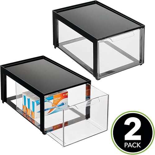 Miniatura 4 de mDesign Organizador de almacenamiento de oficina apilable de plástico con cajón extraíble para armario escritorio estante armario armario o