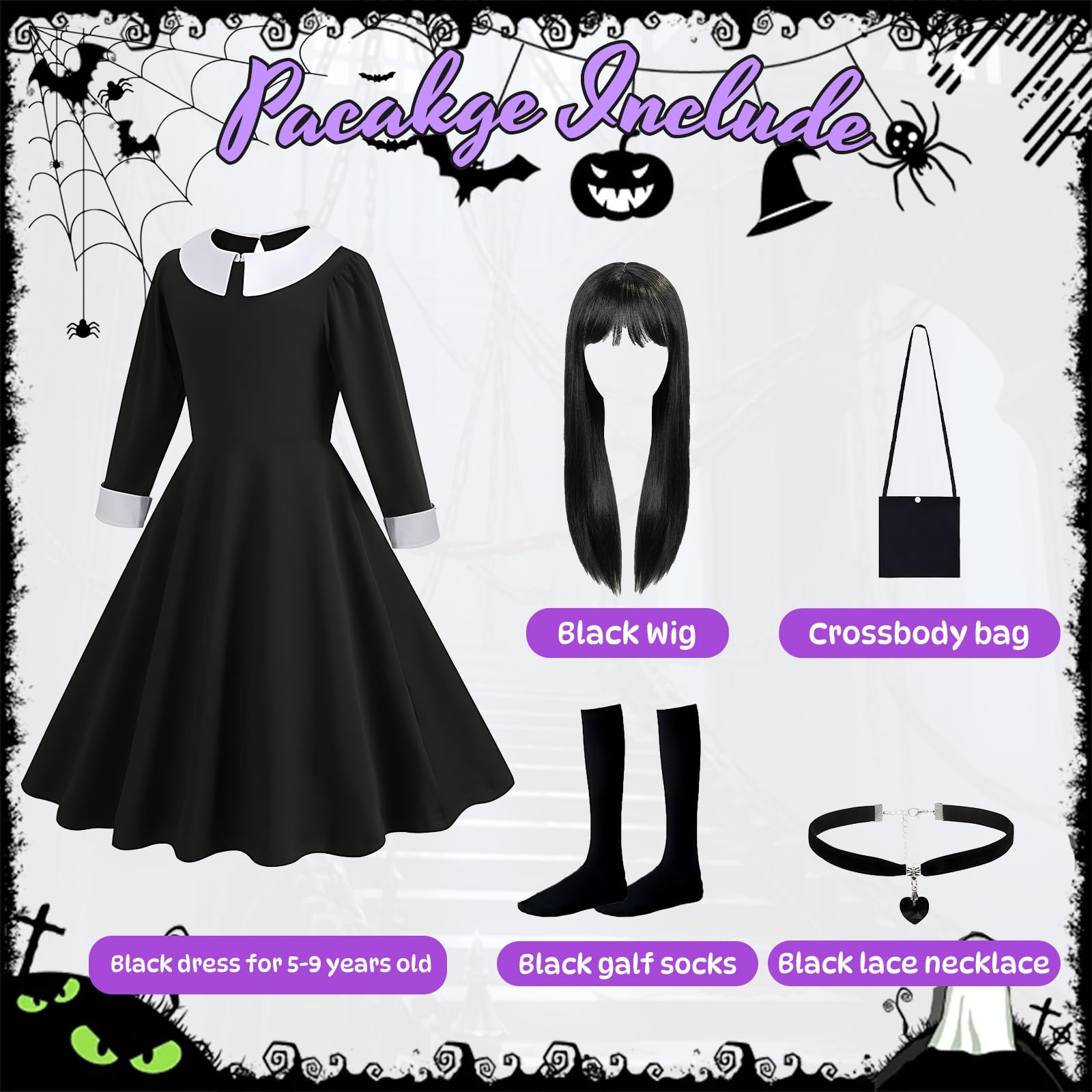 YAEGIMHT 5PCS Black Gothic Princess Costume Set for Girls Kids Fancy Dress Outfit with Skirt, Wig, Socks - Image 3