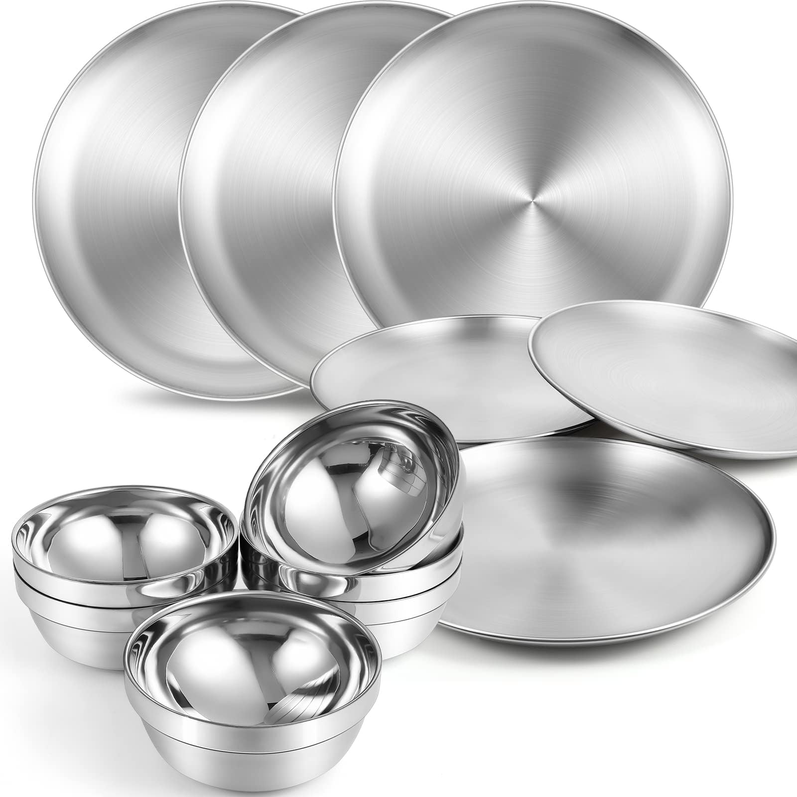 Sunnyray 304 Stainless Steel Plates and Bowls Metal Camping Plates Reusable 13 oz Steel Snack Bowls Dinner Dishes Double Walled Insulated Metal Dinnerware(6 Sets,8 x 8 Inch)