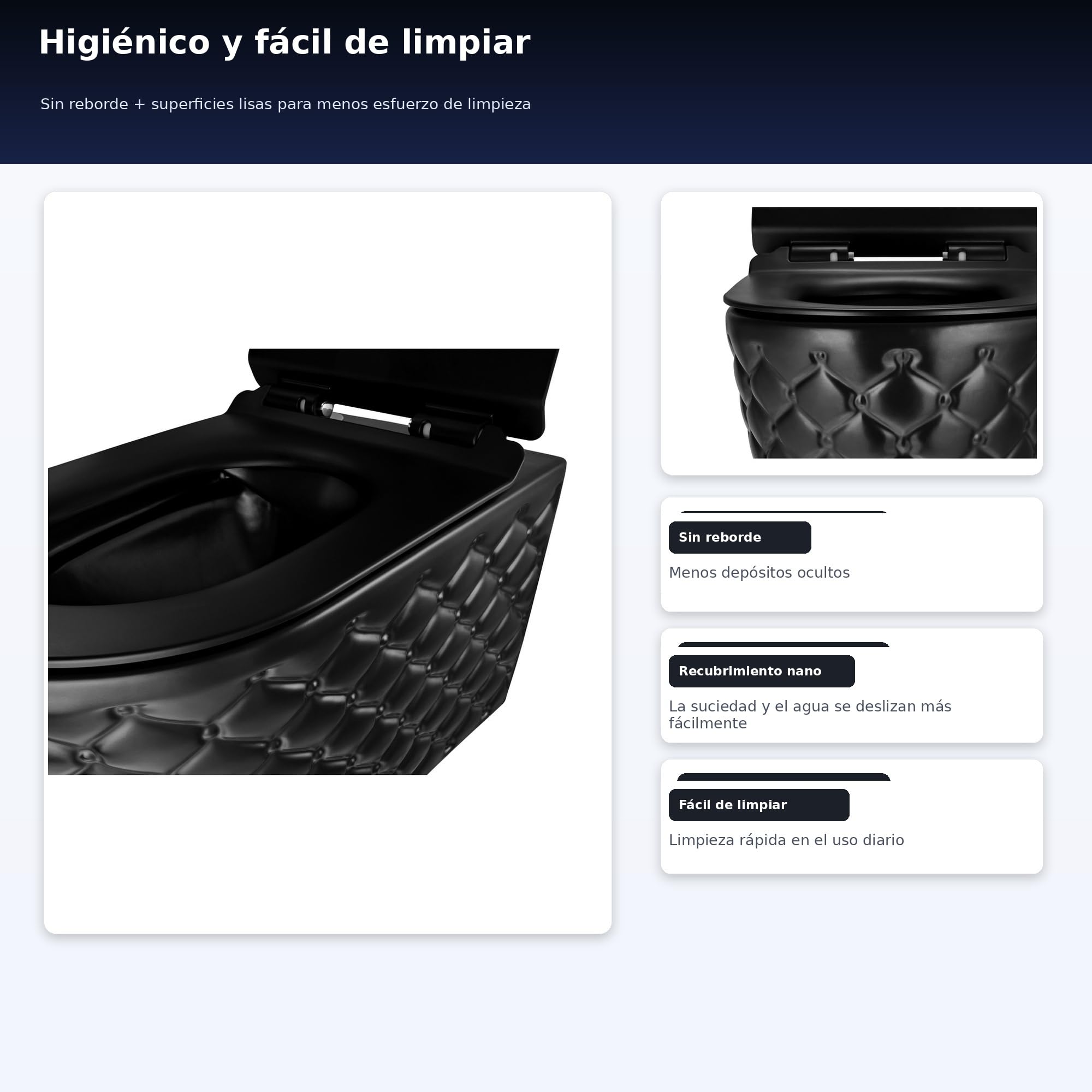Inodoro colgante negro mate, pared inodoro sin bordes, con asiento de cierre suave