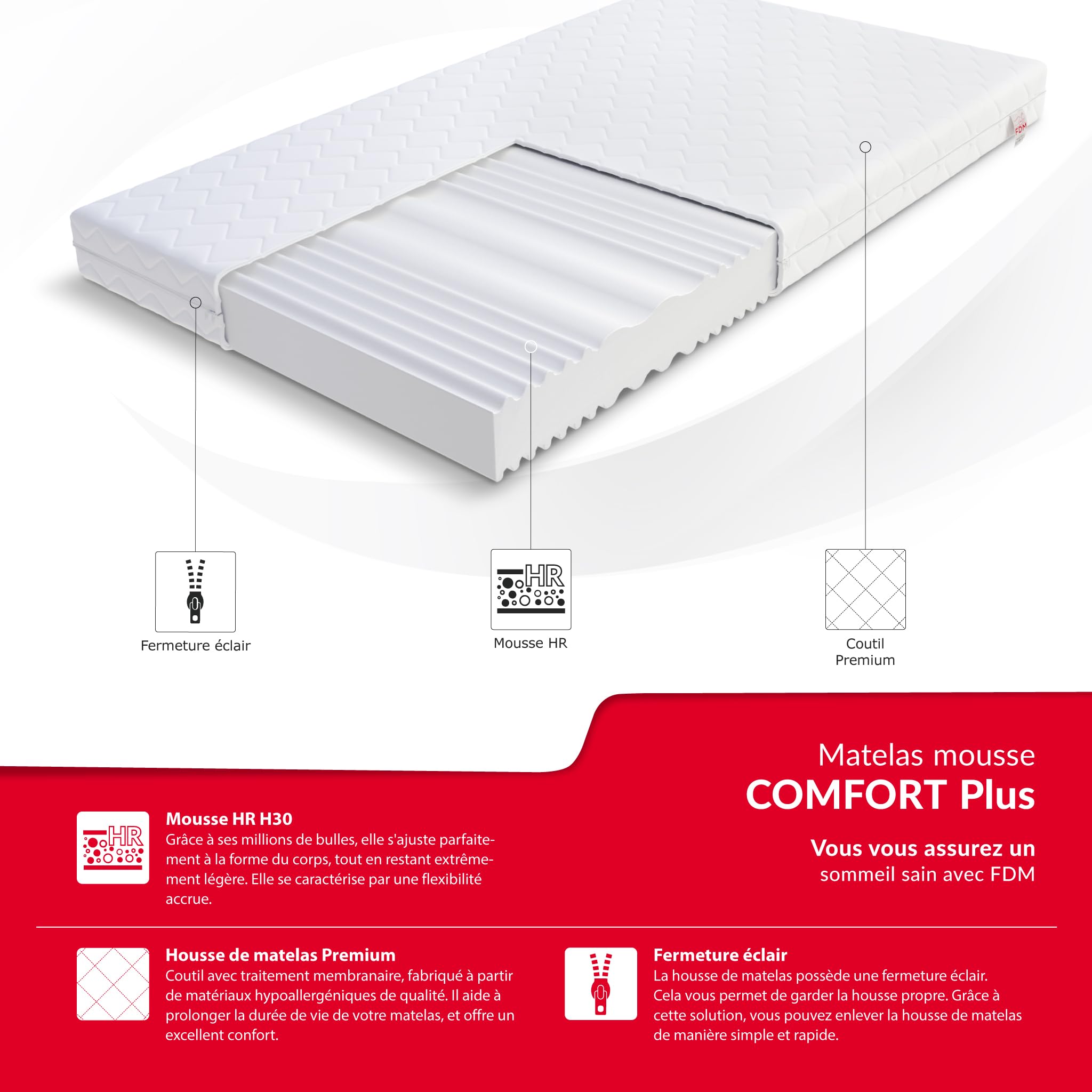 FDM Comfort Duo Matelas 90x200 cm Mousse à Mémoire de Forme Épaisseur 12 cm Fermeté H3 et H4 Matelas à Deux Faces 7 Zones de Confort Housse Lavable Oeko-TEX Hypoallergénique
