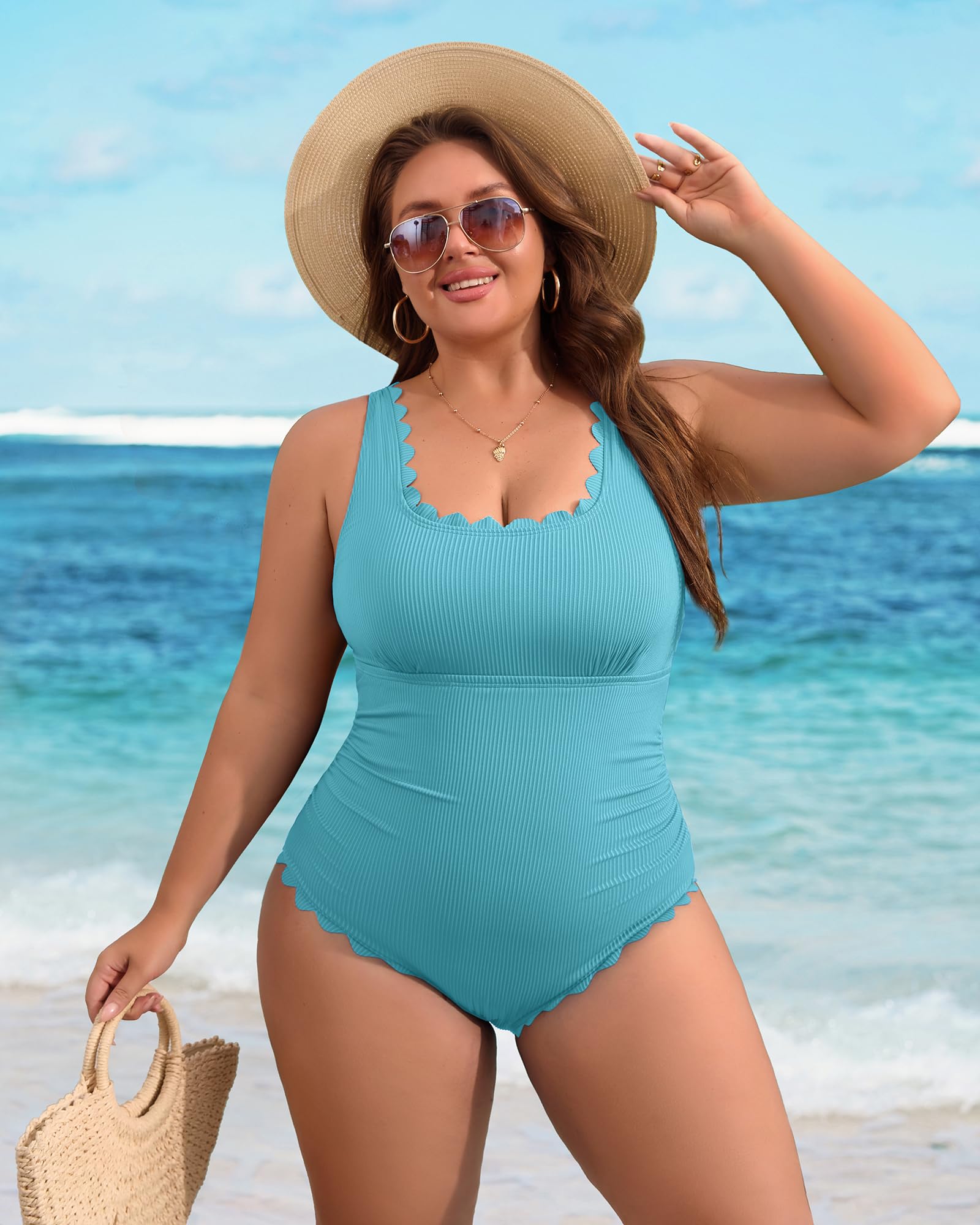 Charmo Plus Size Swimsuit for Women 2026 Tummy Control Scalloped Ribbed One Piece Swimsuits Ruched Modest Bathing Suit: Aqua Blue 1X