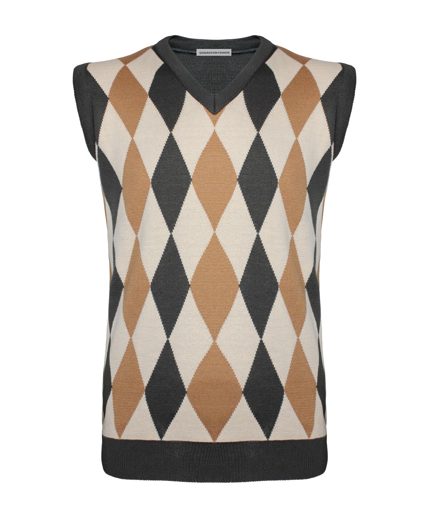 New Men Knitted V-Neck Argyle Pattern Sleeveless Jumper Top Sweater Vest with Ribbed Edge[Charcoal-Camel, XL]