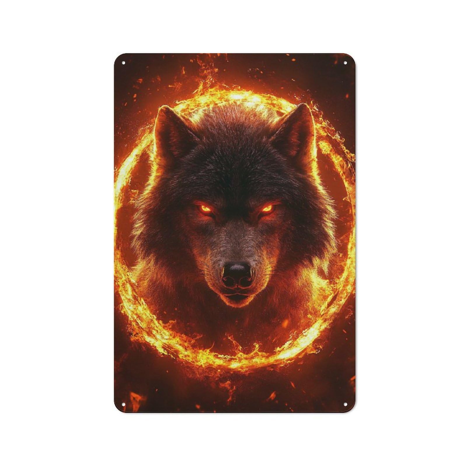 Junmoney Style-23 Country Style Fiery Wolf With Glowing Eyes Decorative Metal Sign 30X20cm, Bistro Wall Plaque For Restaurant, Kitchen, Counter Or Breakfast Nook