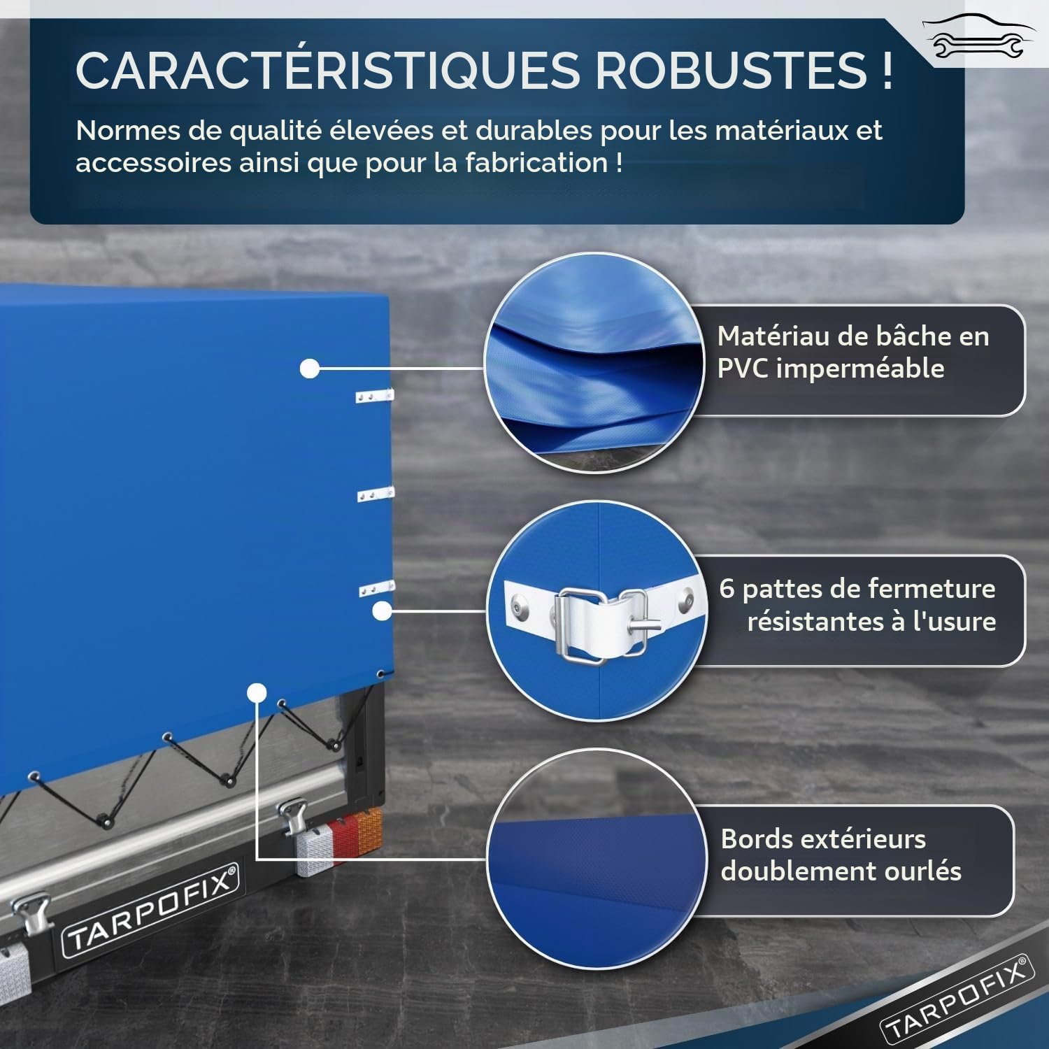 Tarpofix® Bâche de Remorque Haute 210 x 115 x 110 cm & Corde - PVC Robuste Durable - Couverture Idéale pour Divers Modèles de Remorques de 750kg