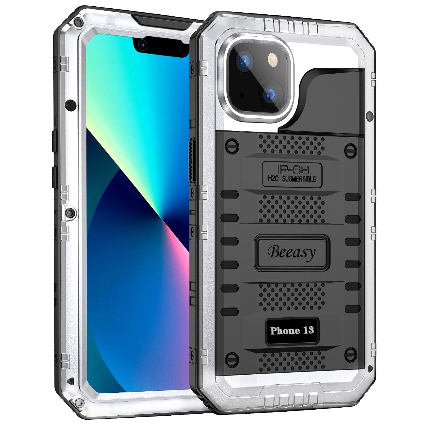 Beeasy Cover per iPhone 13 IP68 Impermeabile Custodia Militare Antiurto Resistente 360° Metallo Armor Protezione Schermo Integrata Rugged Robusta Indistruttibile Subacquea Antipolvere Argento