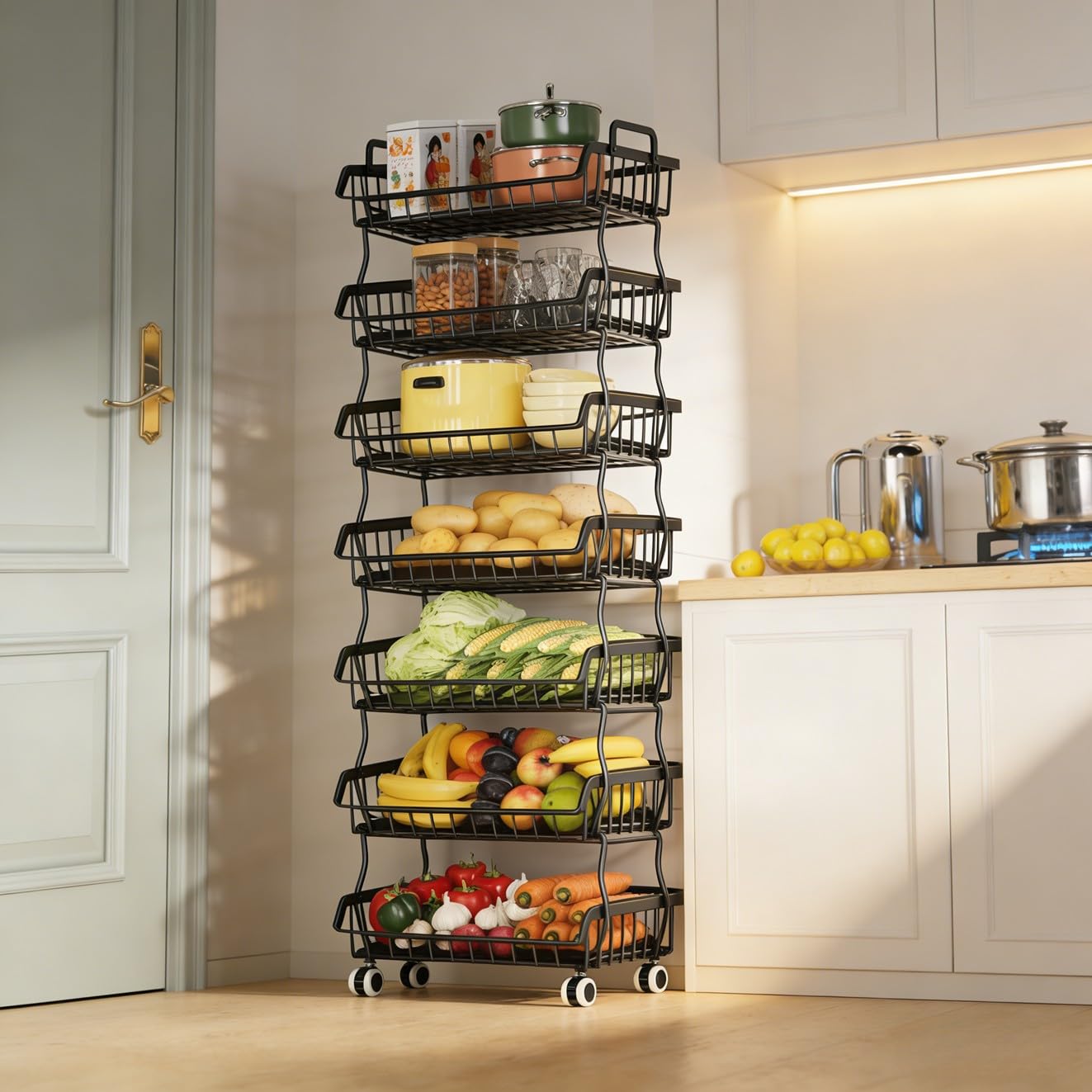 Panier en fil métallique avec poignée supérieure et roulettes roulantes, chariot de rangement empilable séparable, organisateur robuste pour cuisine, salle de bain, chambre à coucher
