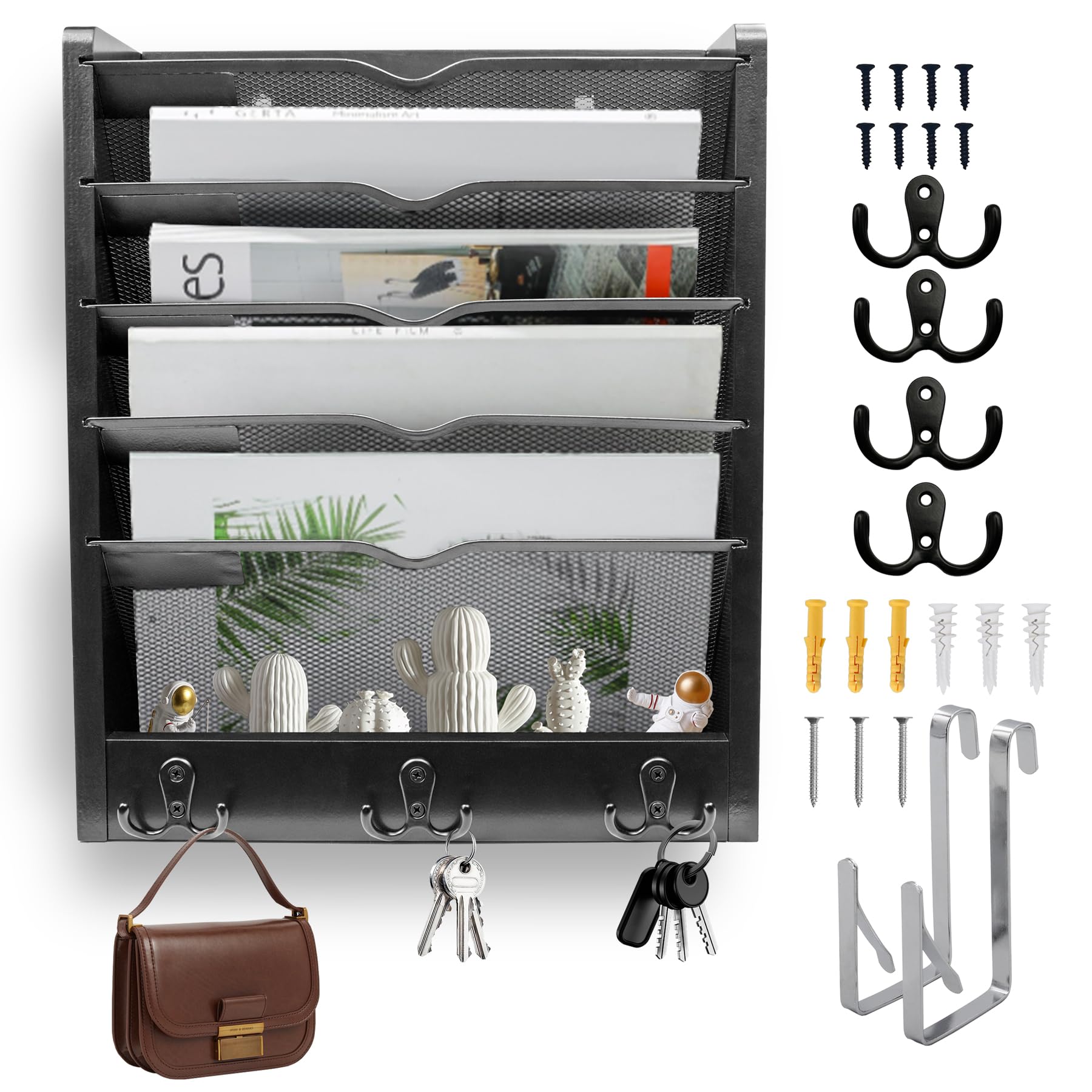 Schreibtisch-Organizer aus Holz mit 5-stöckigem Metallgeflecht, wandmontierbarer Dokumenten-Organizer, vertikaler Papierordnerhalter mit Bodenablage für Büro, Zuhause oder Kabine, Schwarz