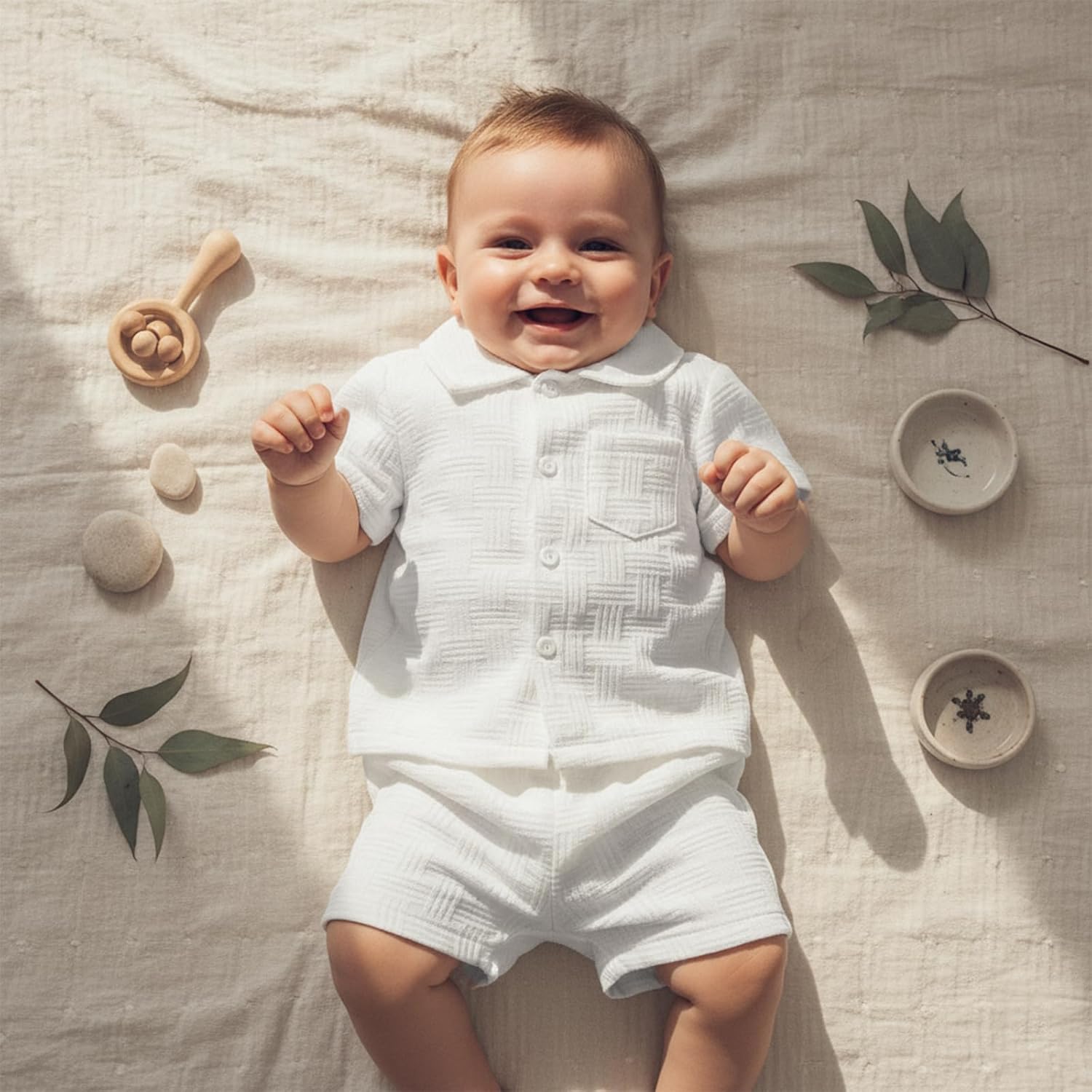 Baby Boy Summer Clothes Textured Solid Lapel Button Shirt Casual Shorts Toddler Clothing Set Baptism Wedding Birthday - Image 2